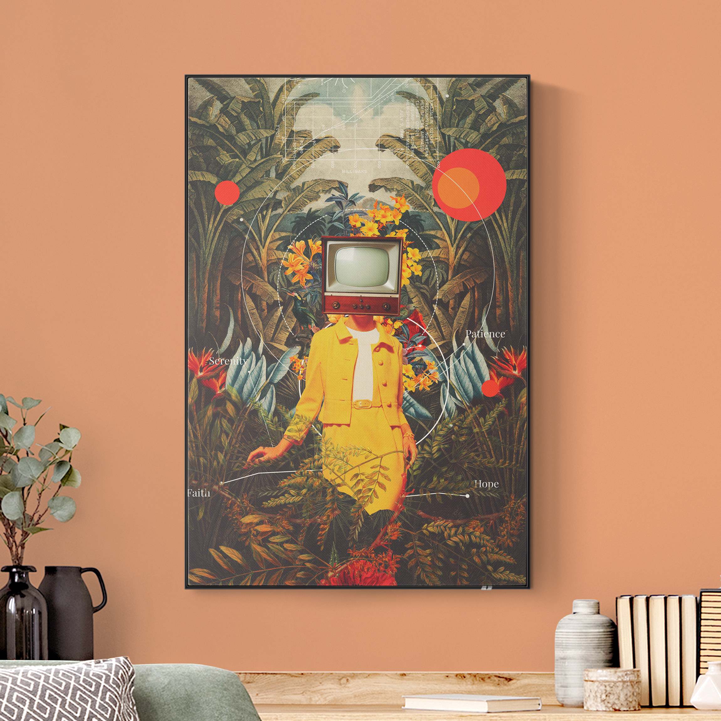 Akustik-Wechselbild Vintage Fernseher im Dschungel