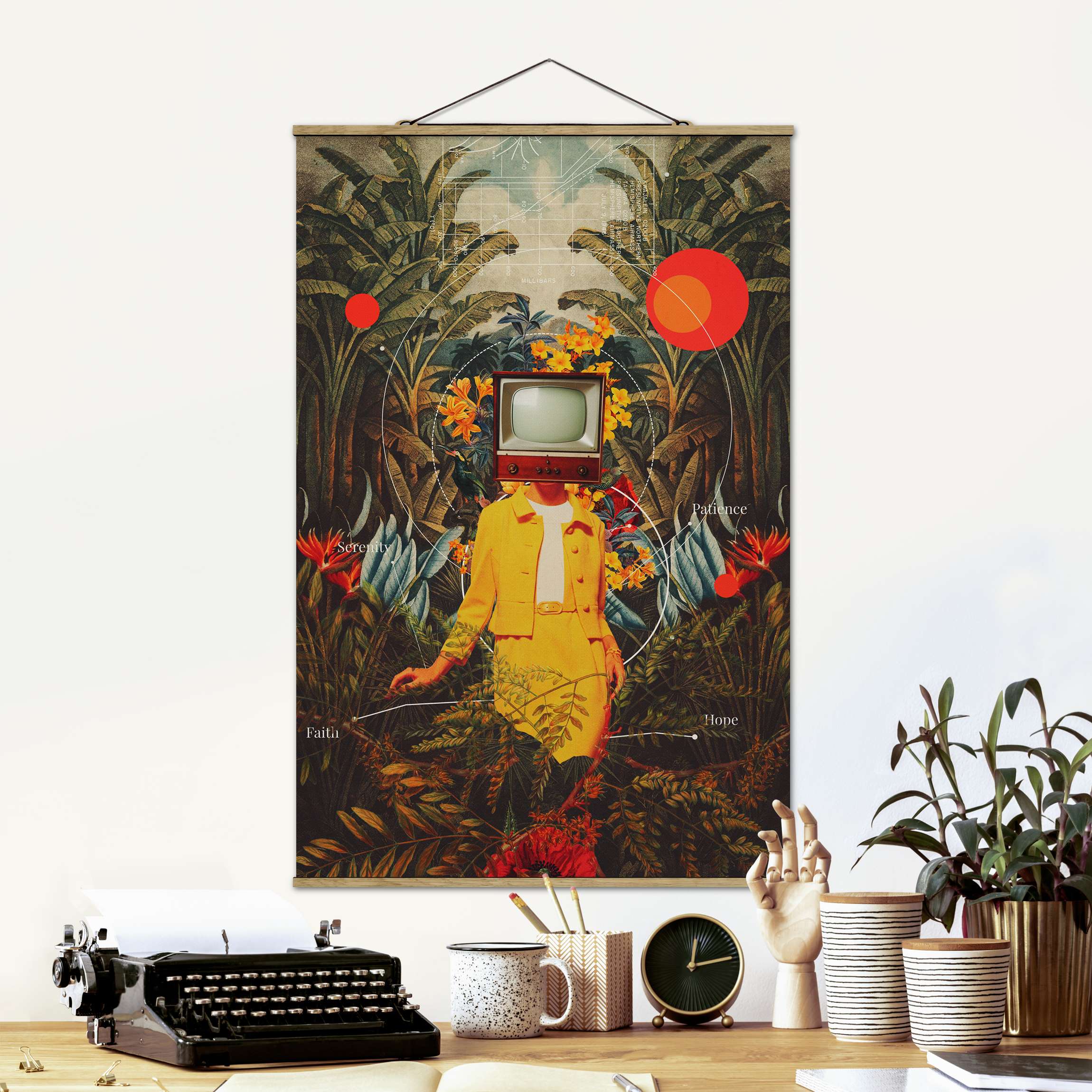 Stoffbild mit Posterleisten Vintage Fernseher im Dschungel