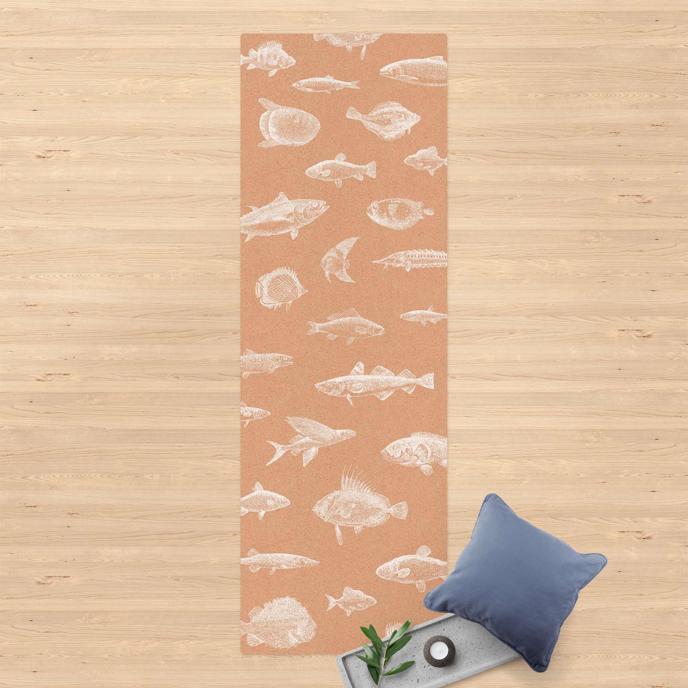 Kork-Teppich Vintage Fische Weiß