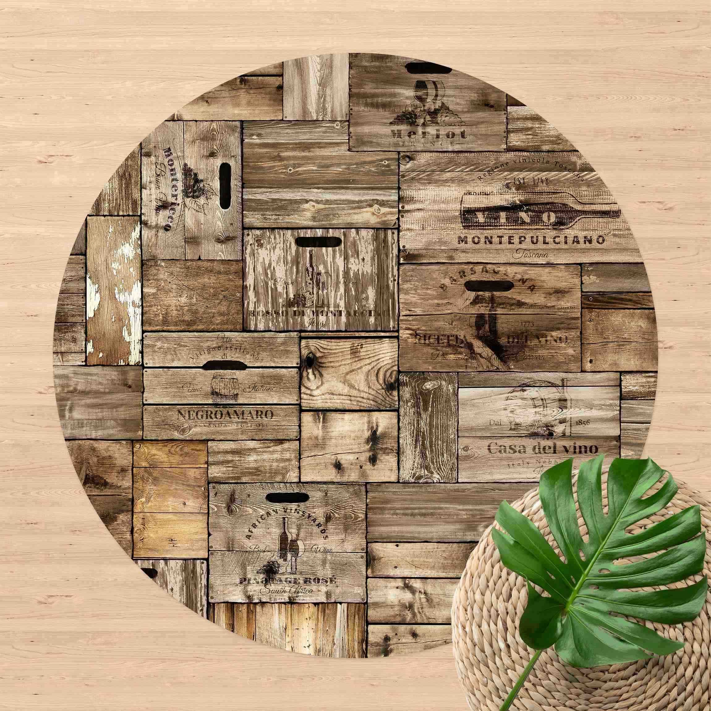Runder Vinyl-Teppich Vintage Holzkisten