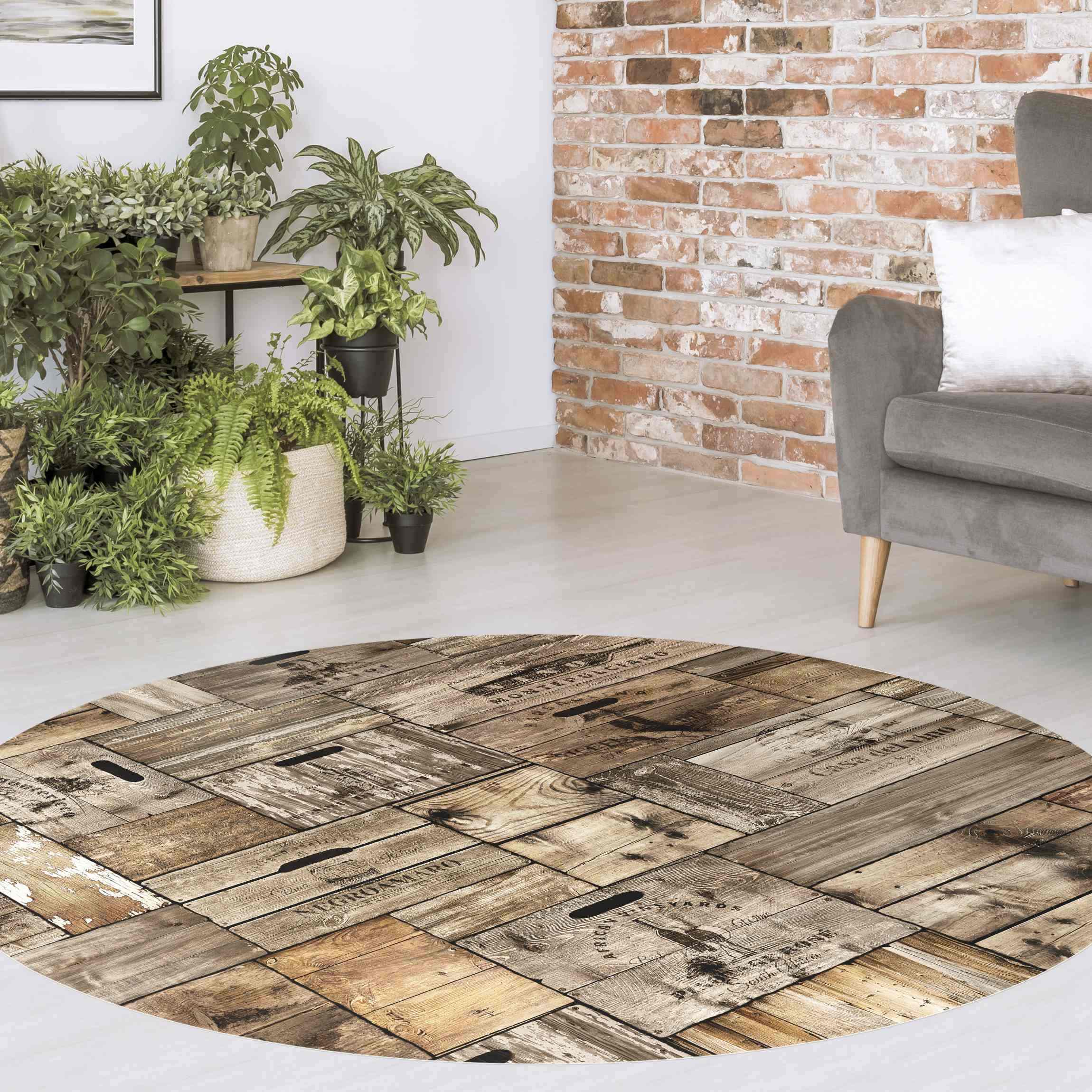 Runder Vinyl-Teppich Vintage Holzkisten