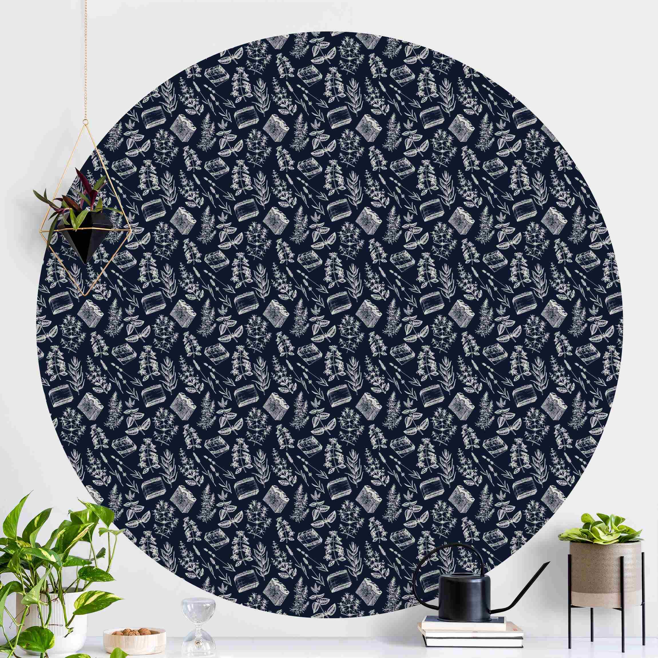 Runde Tapete selbstklebend Vintage Kräuter Dunkelblau