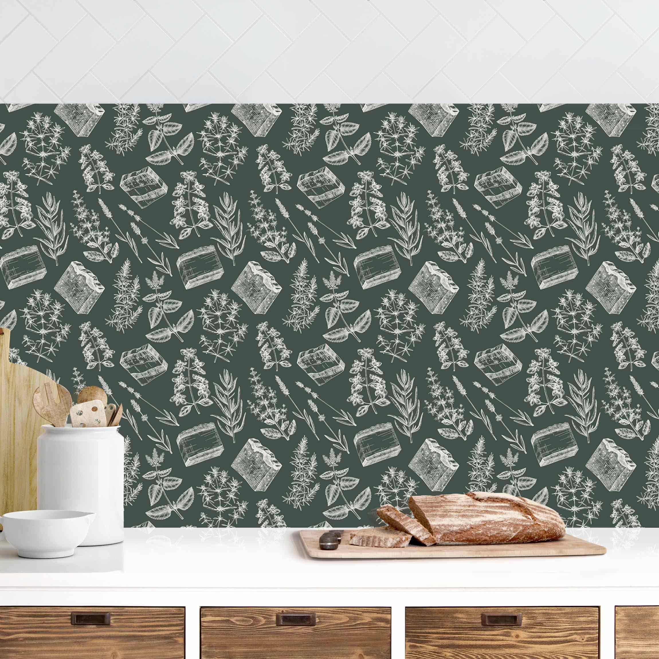 Küchenrückwand Vintage Kräuter Dunkelgrün
