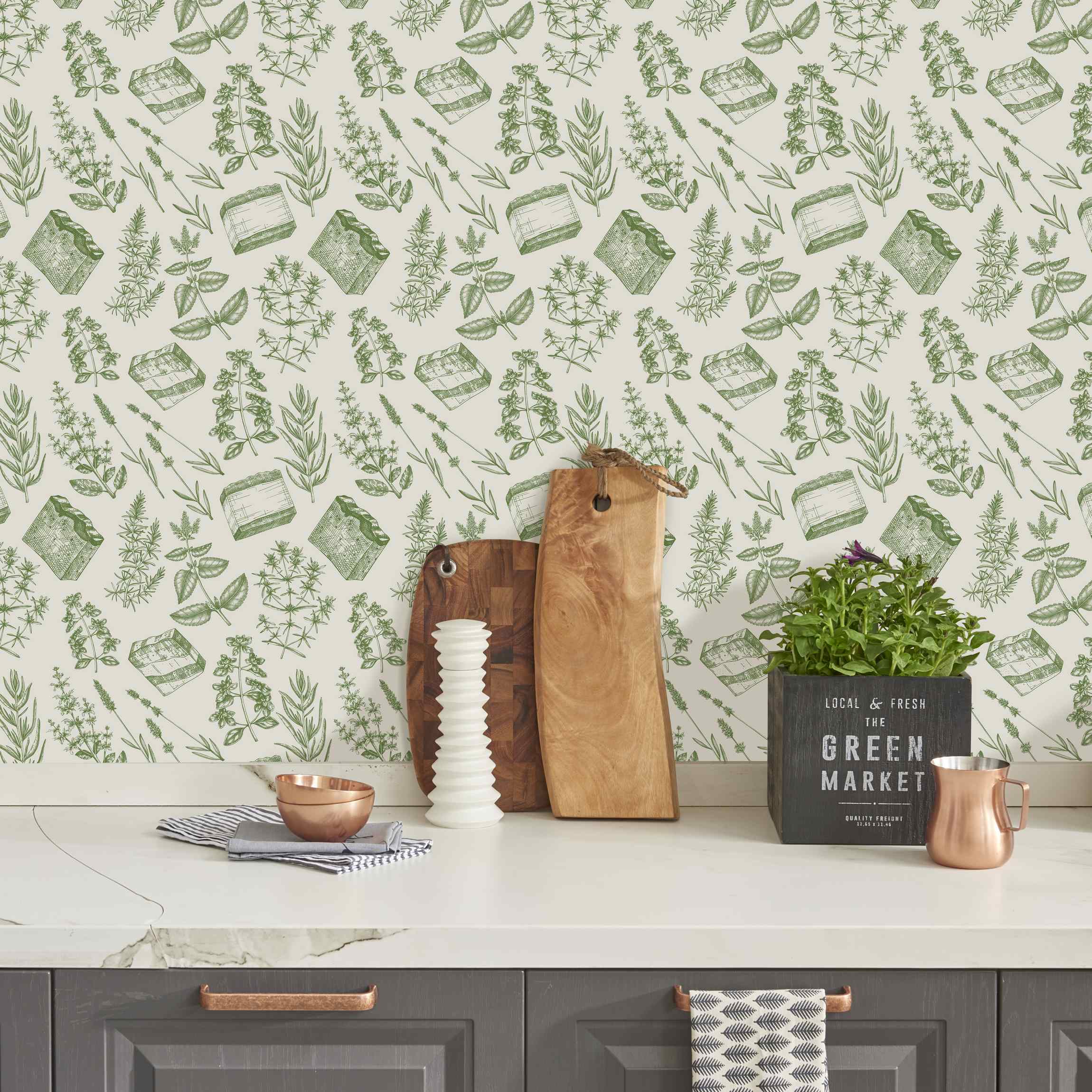 Fototapete Vintage Kräuter Hellgrün und Beige