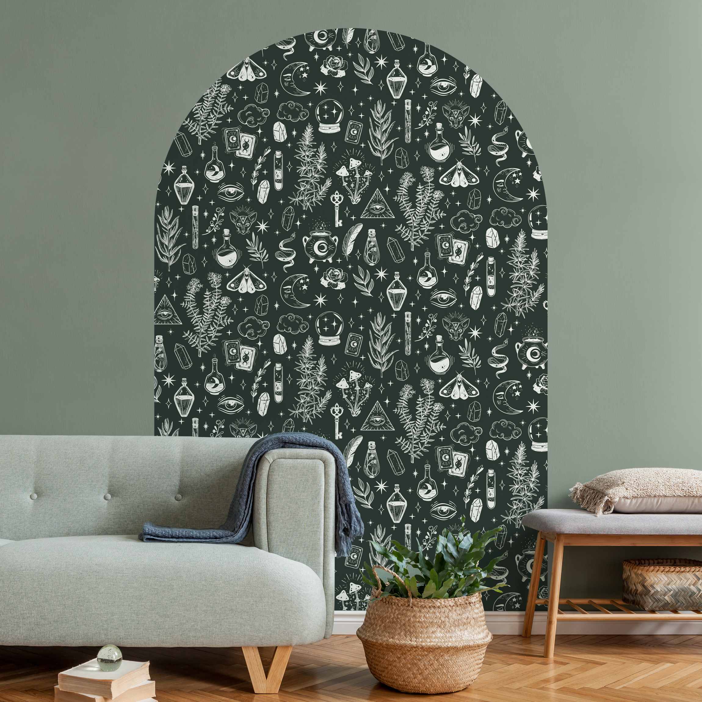 Rundbogen Tapete Vintage Kräuter Magie Dunkelgrün