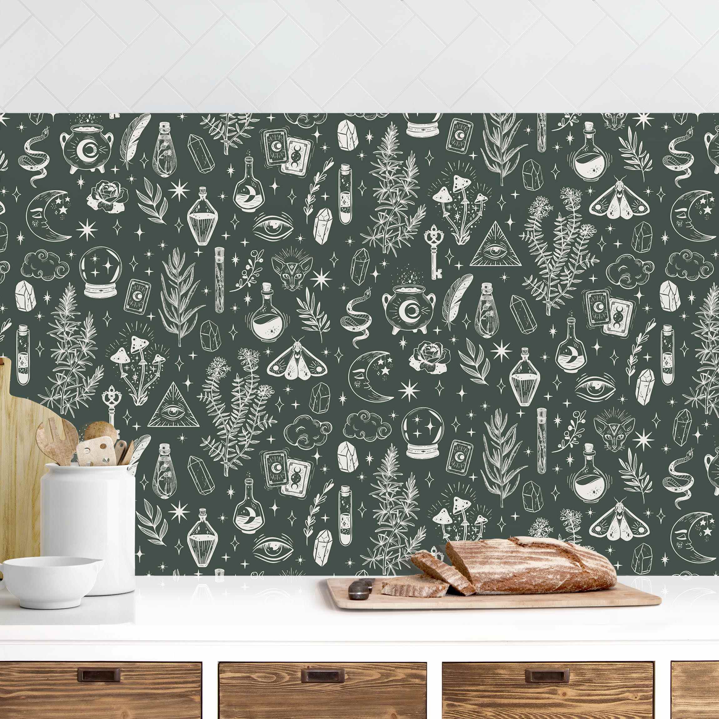 Küchenrückwand Vintage Kräuter Magie Dunkelgrün