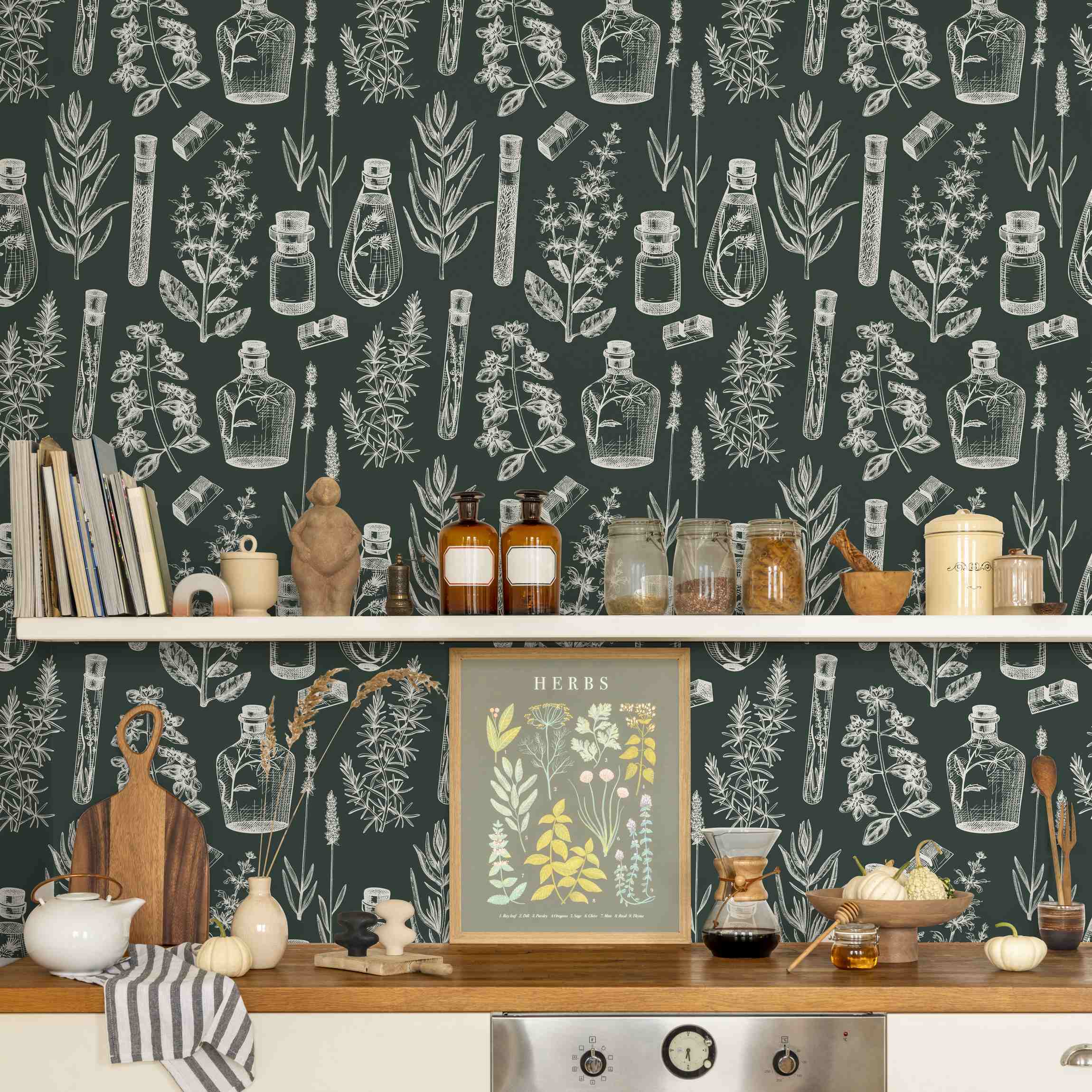 Fototapete Vintage Kräuter und Medizin Dunkelgrün