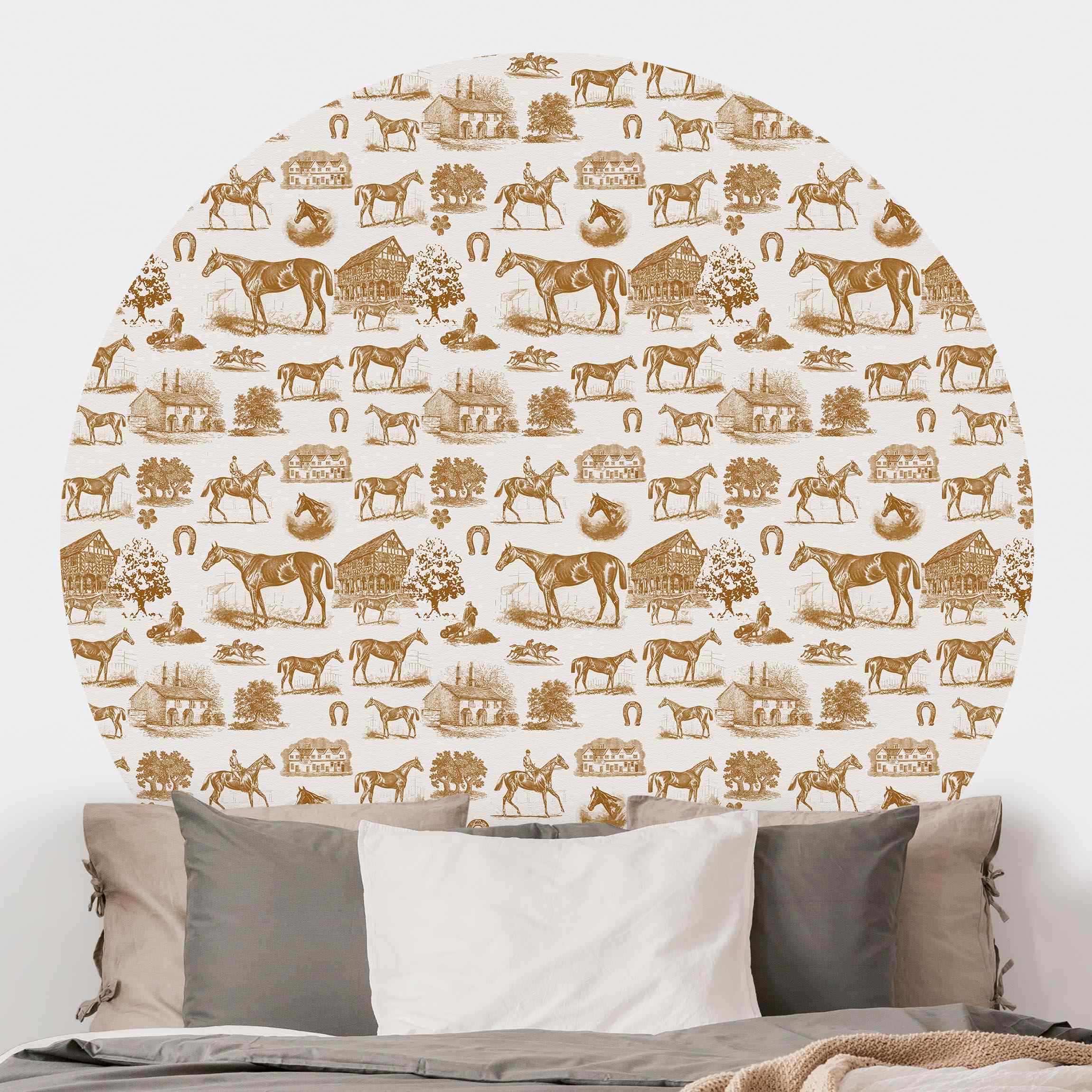 Runde Tapete selbstklebend Vintage Pferde Muster Braun
