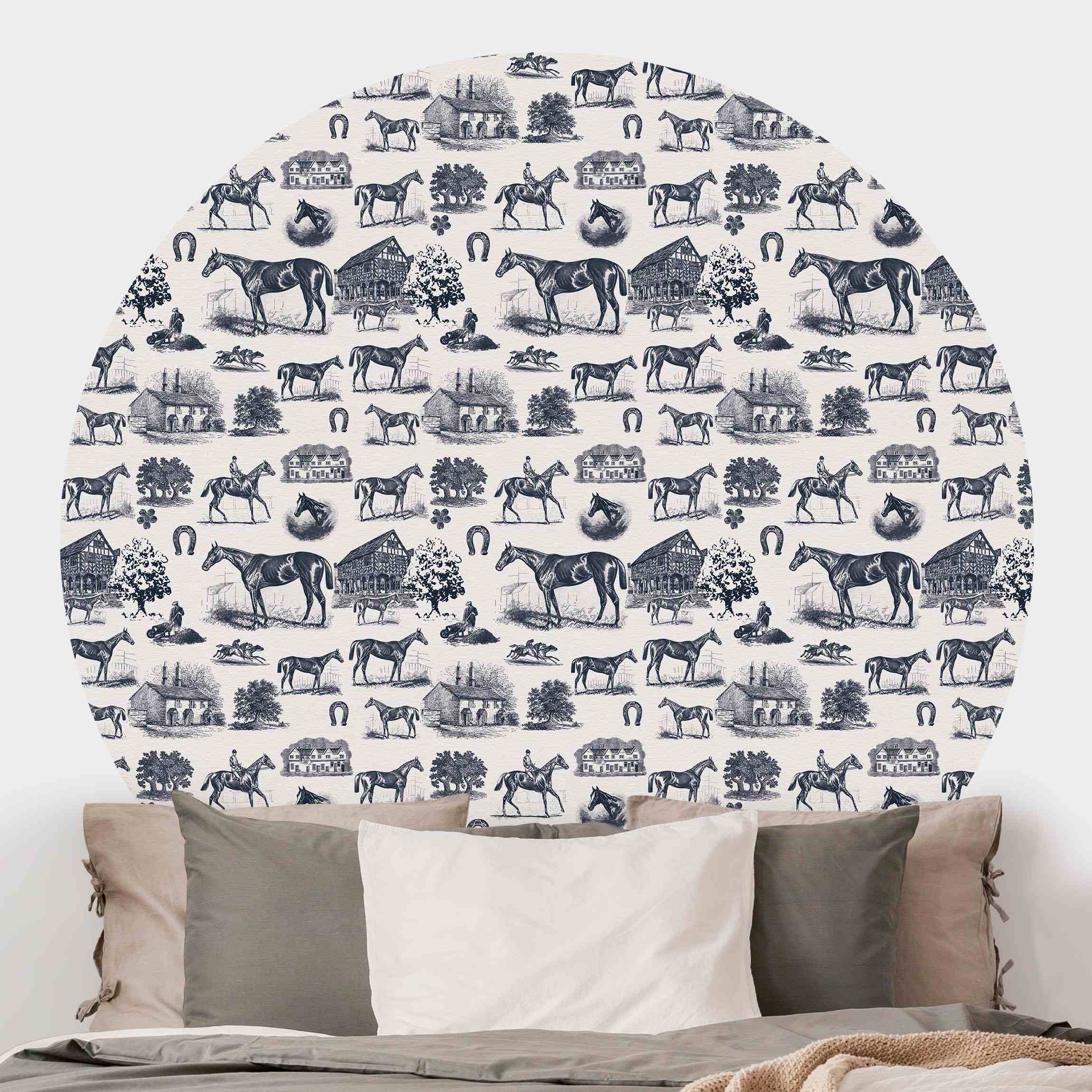 Runde Tapete selbstklebend Vintage Pferde Muster Dunkelblau