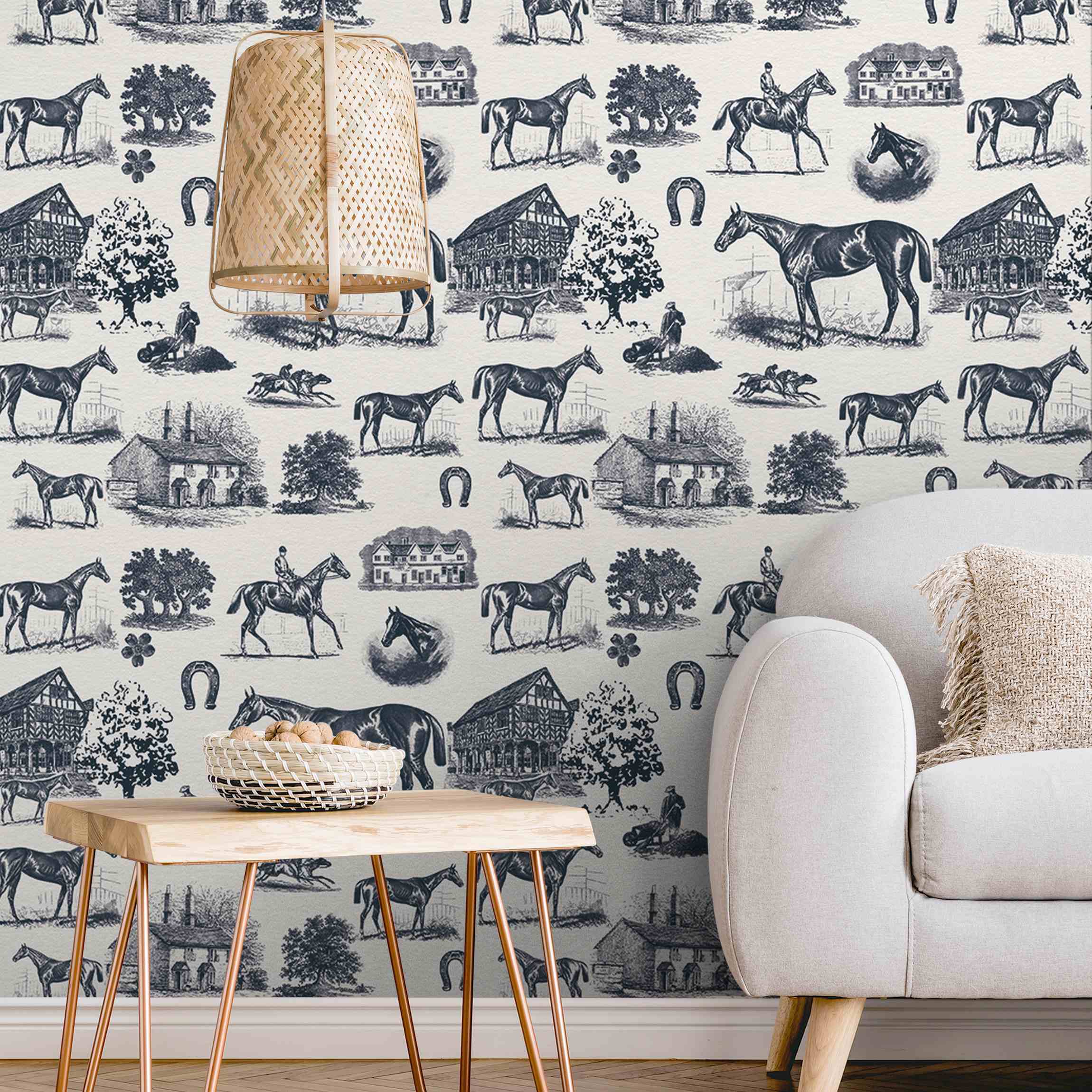Fototapete Vintage Pferde Muster Dunkelblau