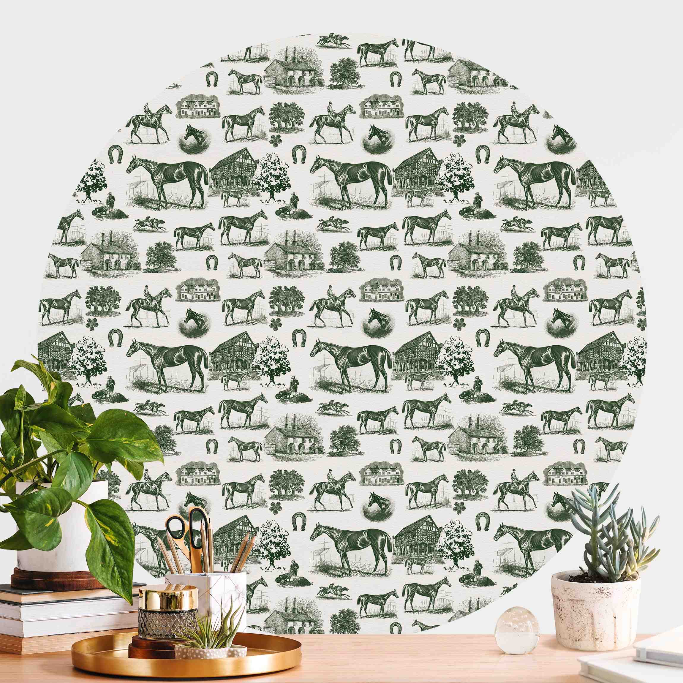 Runde Tapete selbstklebend Vintage Pferde Muster Dunkelgrün