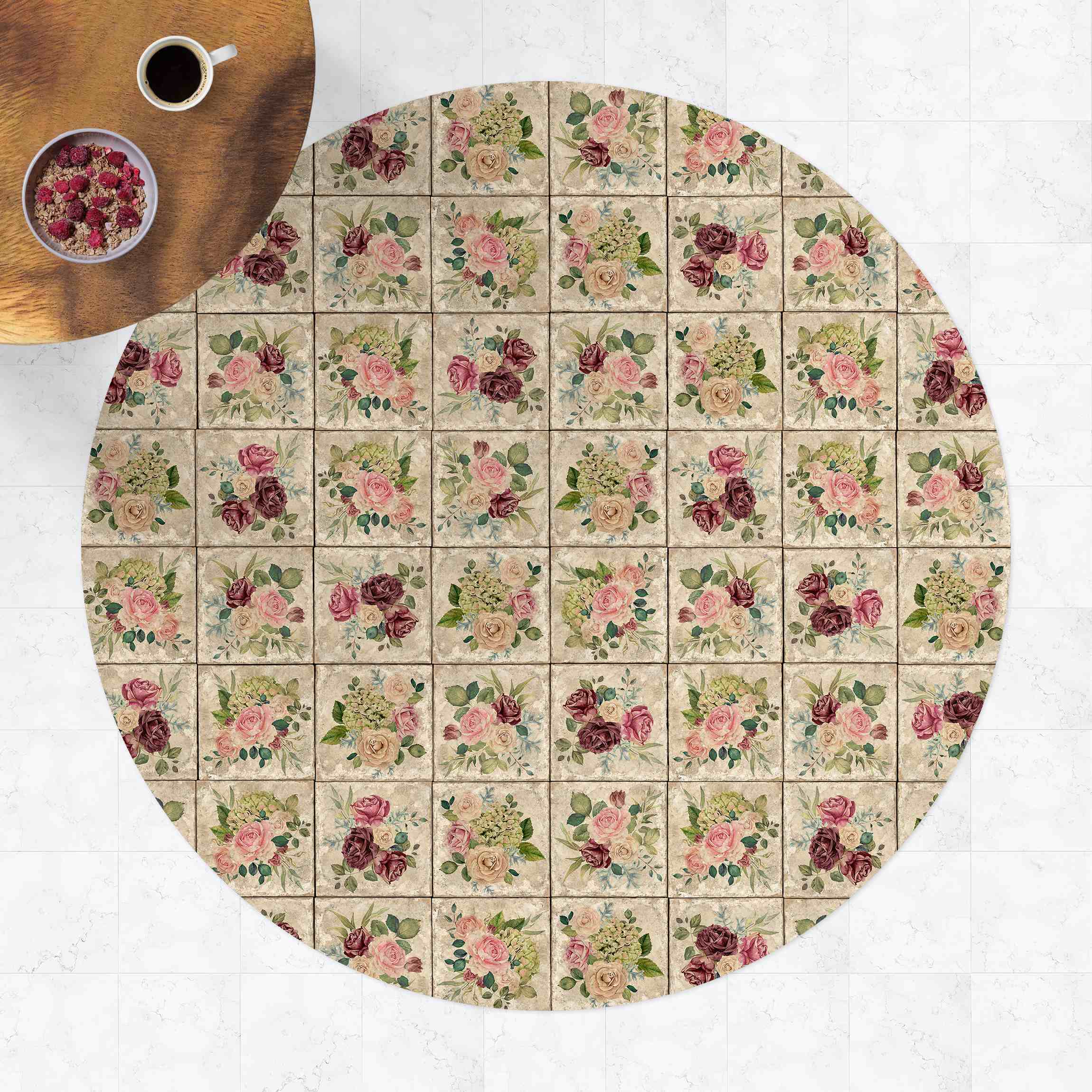 Runder Vinyl-Teppich Vintage Rosen und Hortensien