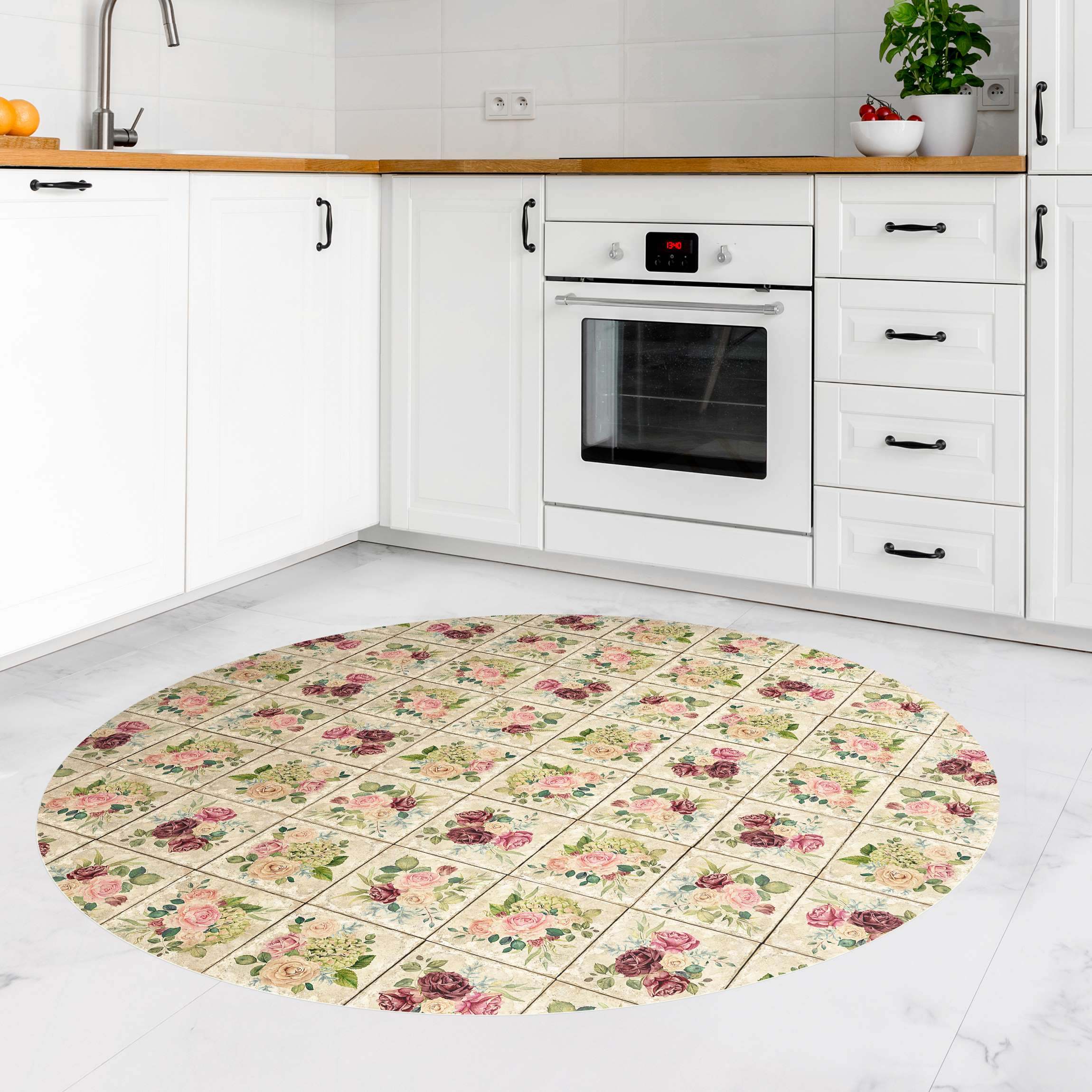 Runder Vinyl-Teppich Vintage Rosen und Hortensien