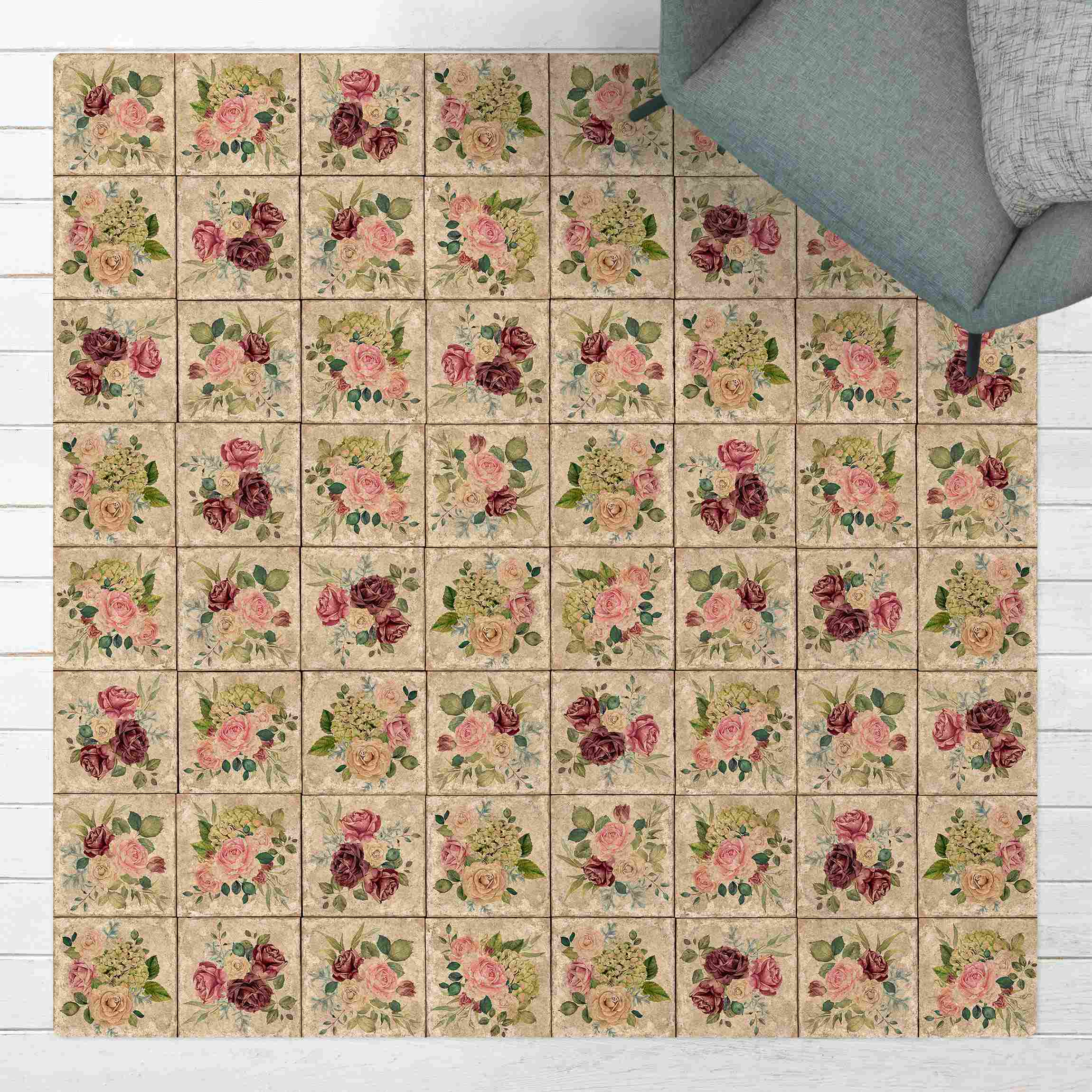 Kork-Teppich Vintage Rosen und Hortensien