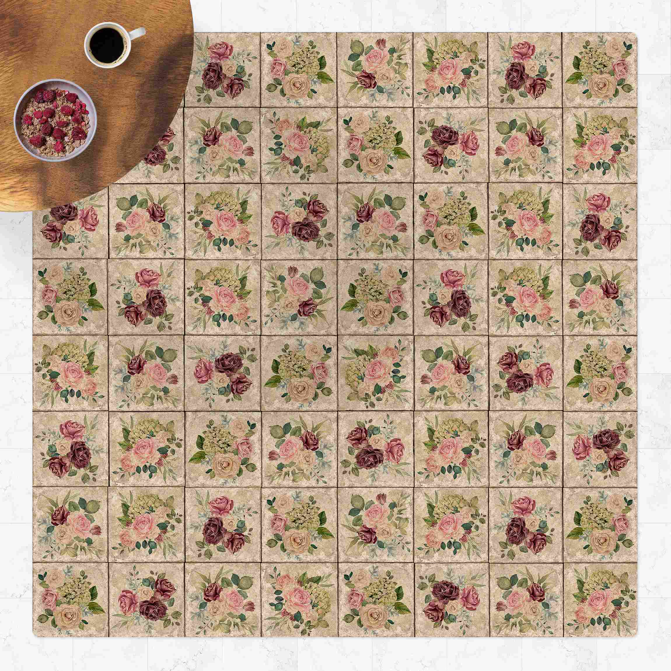 Kork-Teppich Vintage Rosen und Hortensien