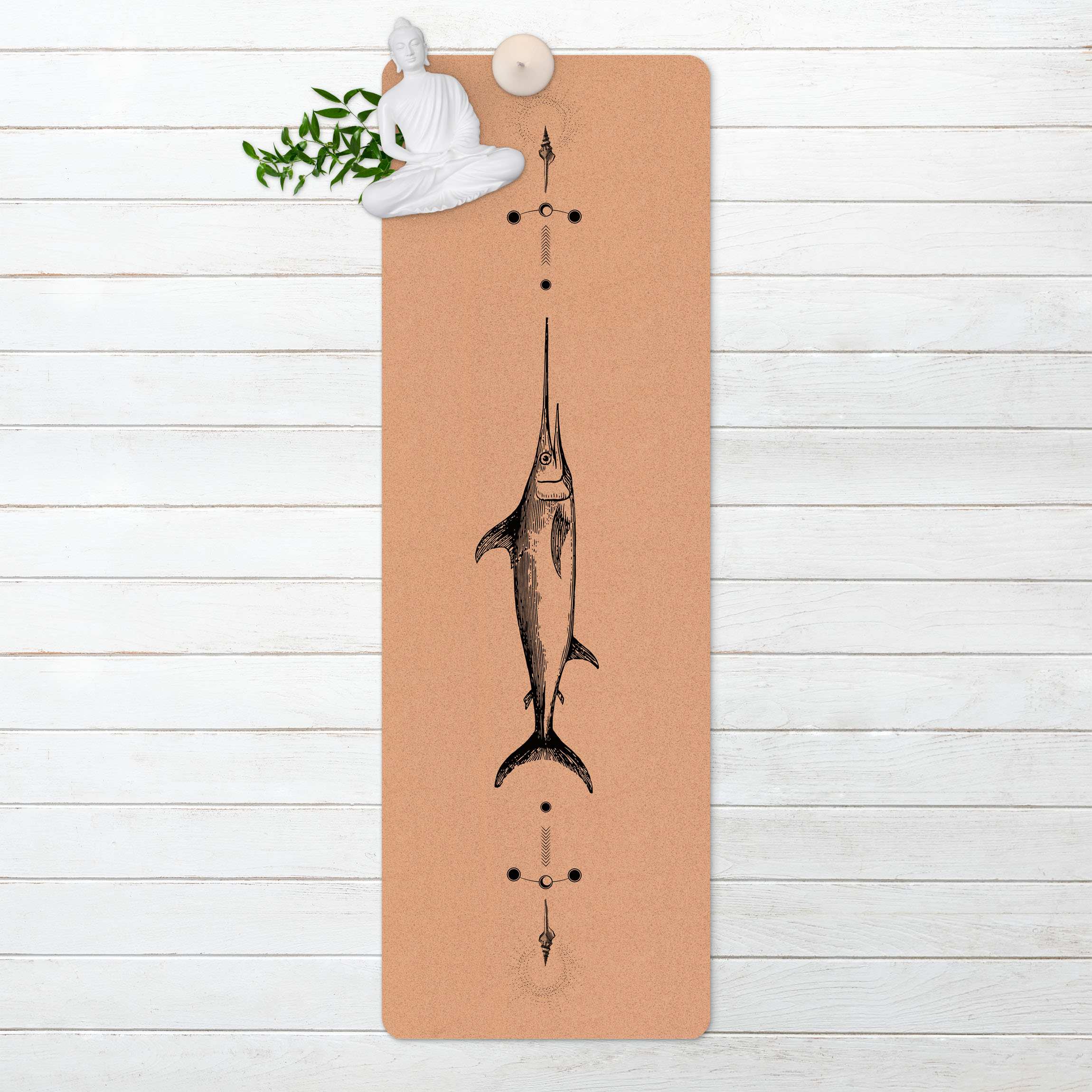 Yogamatte Kork Vintage Schwertfisch Schwarz