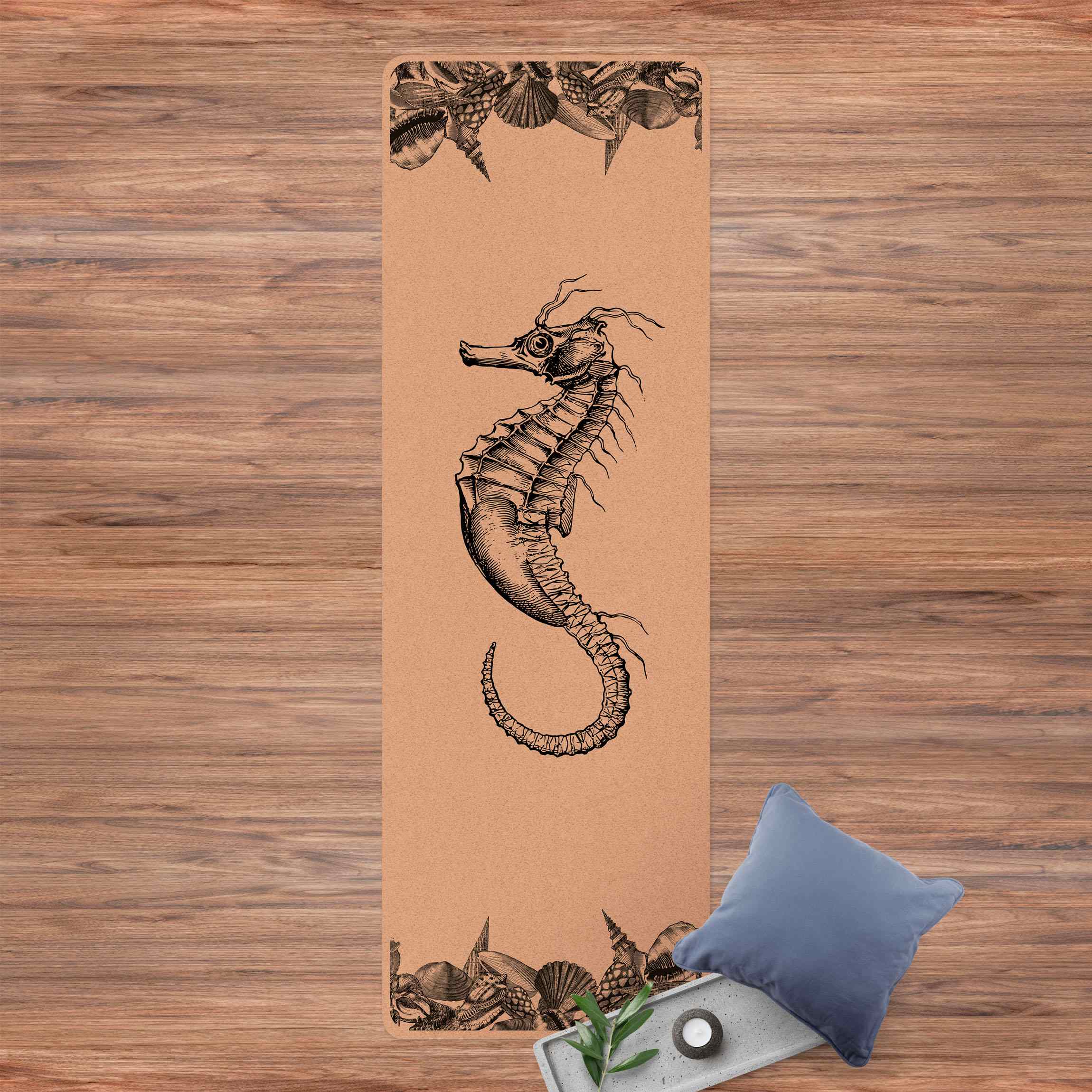 Yogamatte Kork Vintage Seepferdchen Schwarz