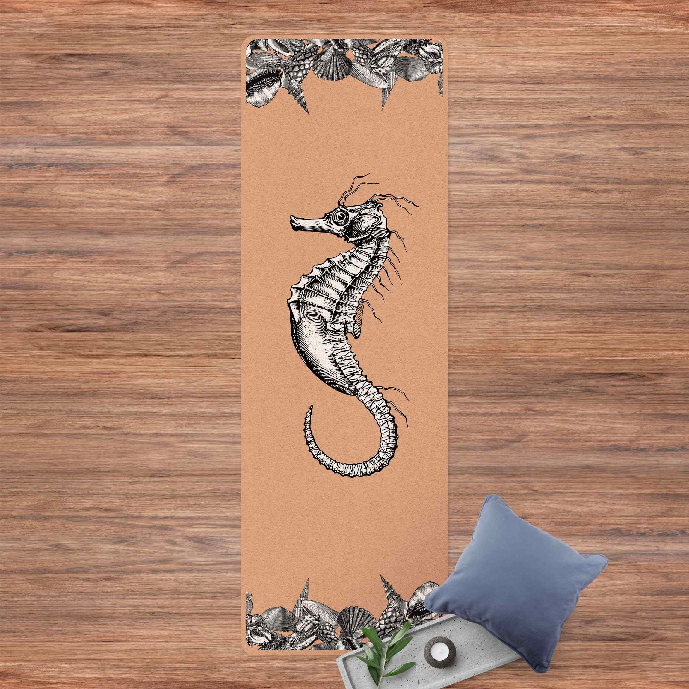 Yogamatte Kork Vintage Seepferdchen Schwarz Weiß