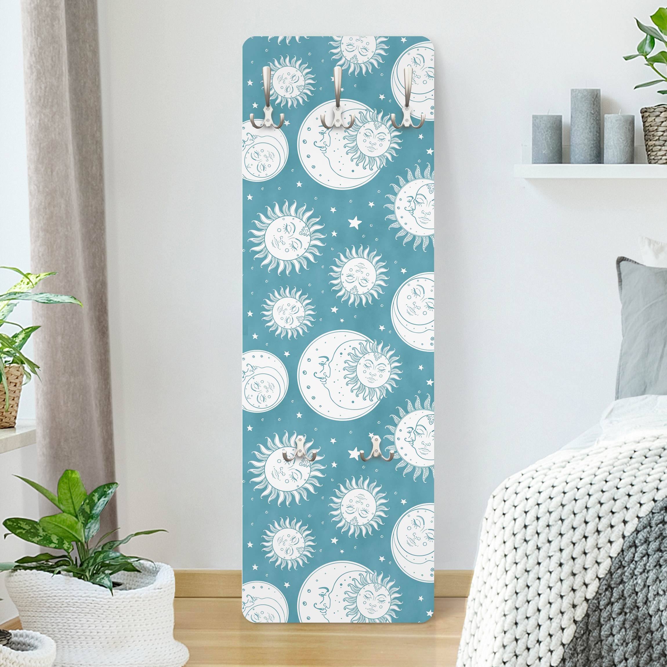 Wandgarderobe Holzpaneel Vintage Sonne, Mond und Sterne