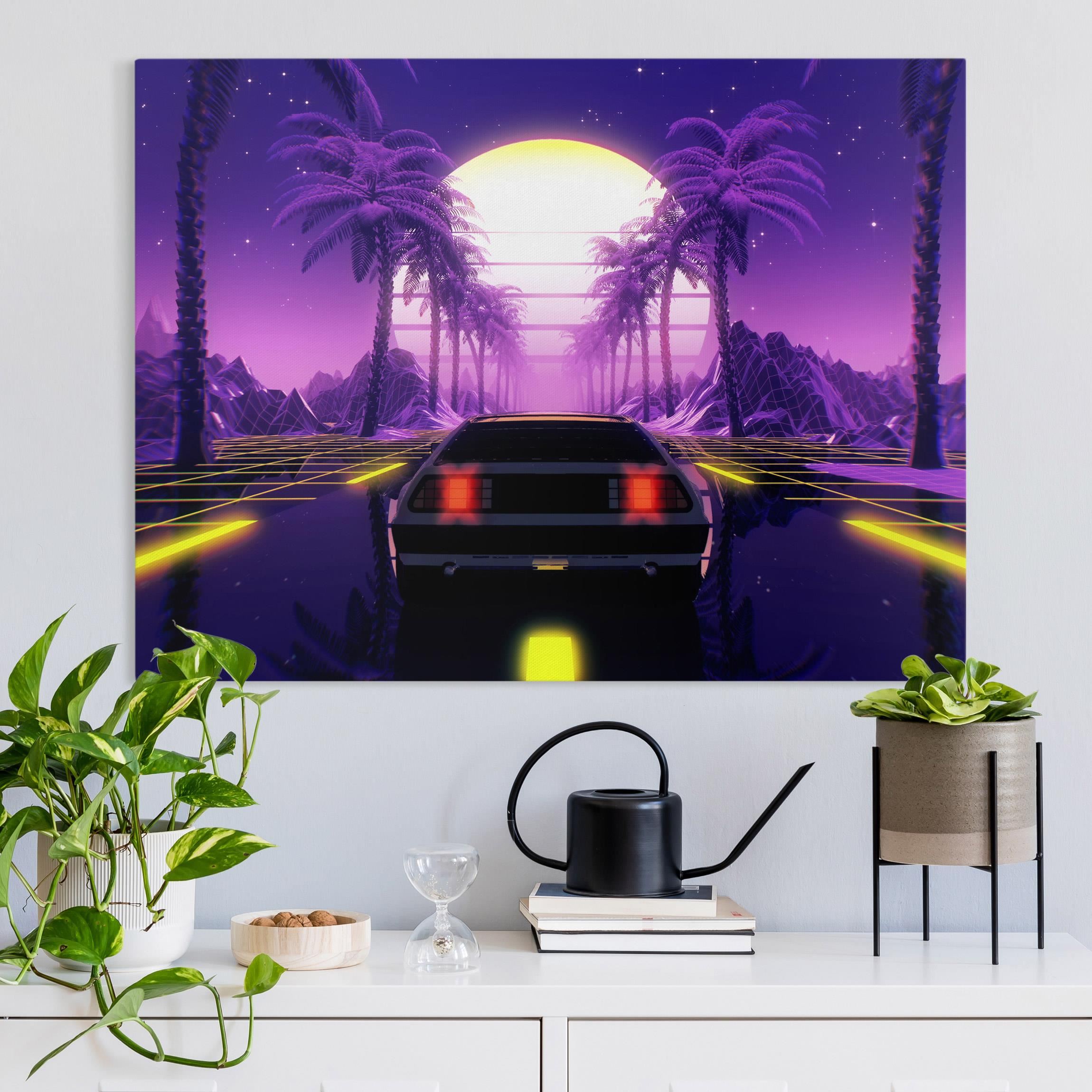Leinwandbild Vintage Video Auto mit Palmen