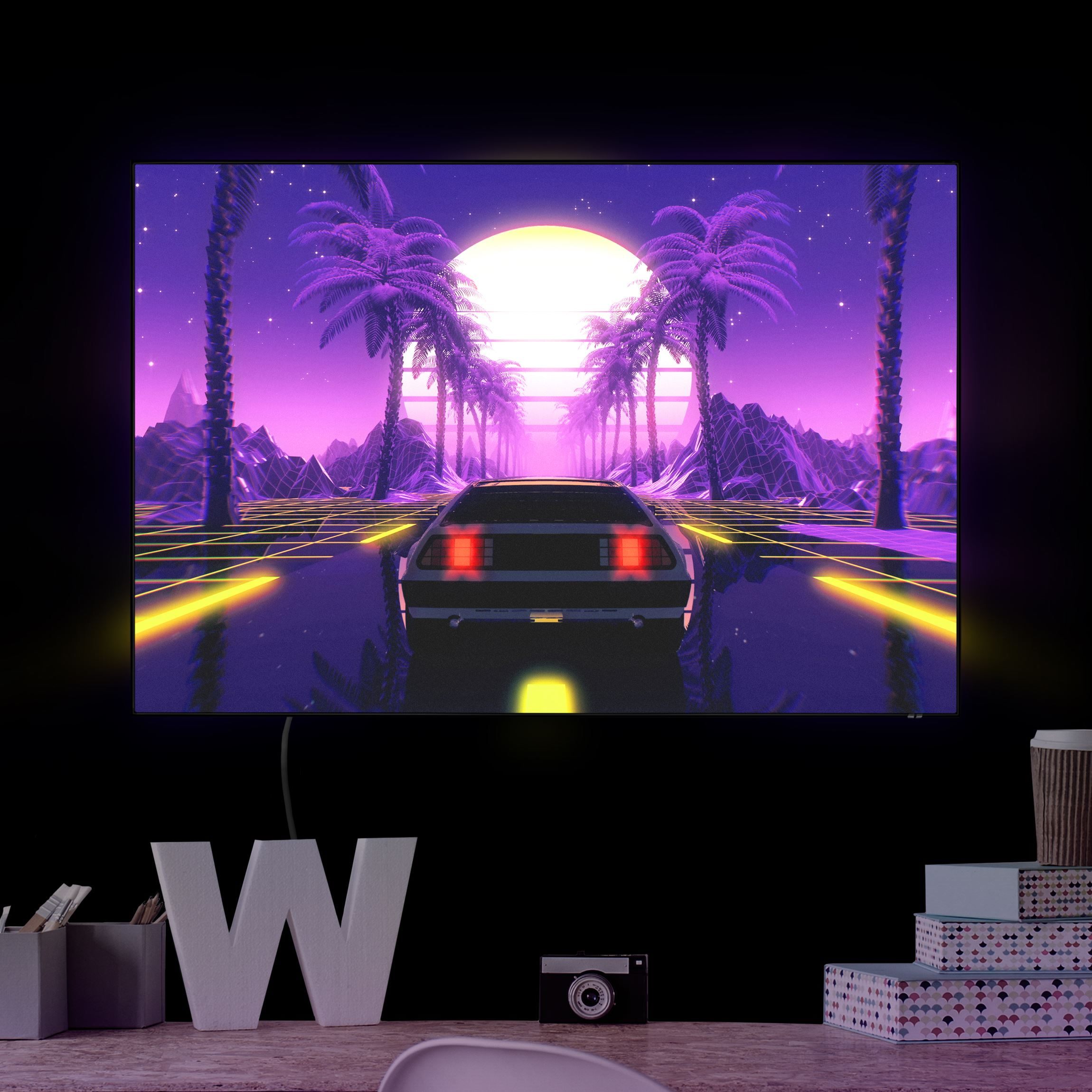 LED-Wechselbild Vintage Video Auto mit Palmen