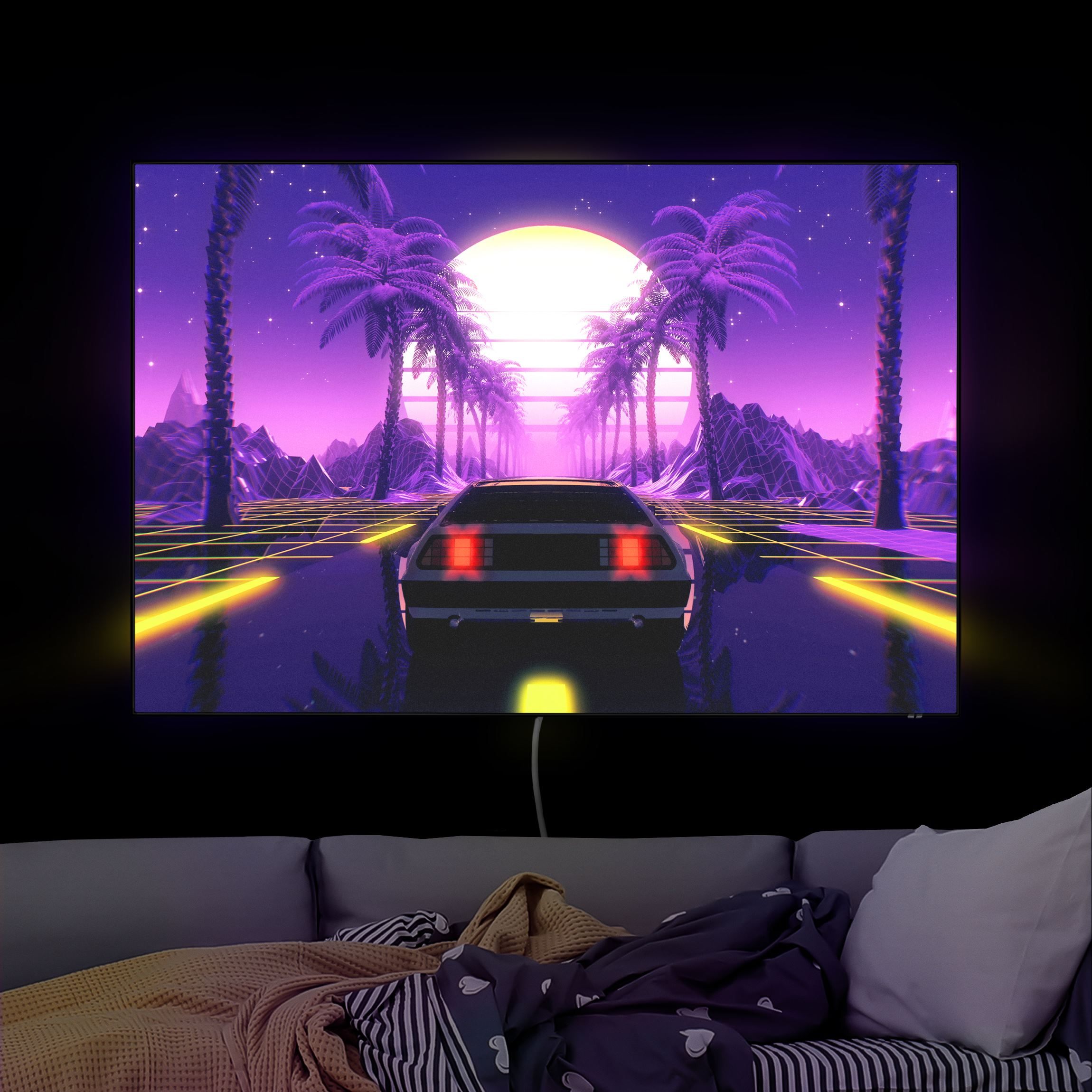 LED-Wechselbild Vintage Video Auto mit Palmen