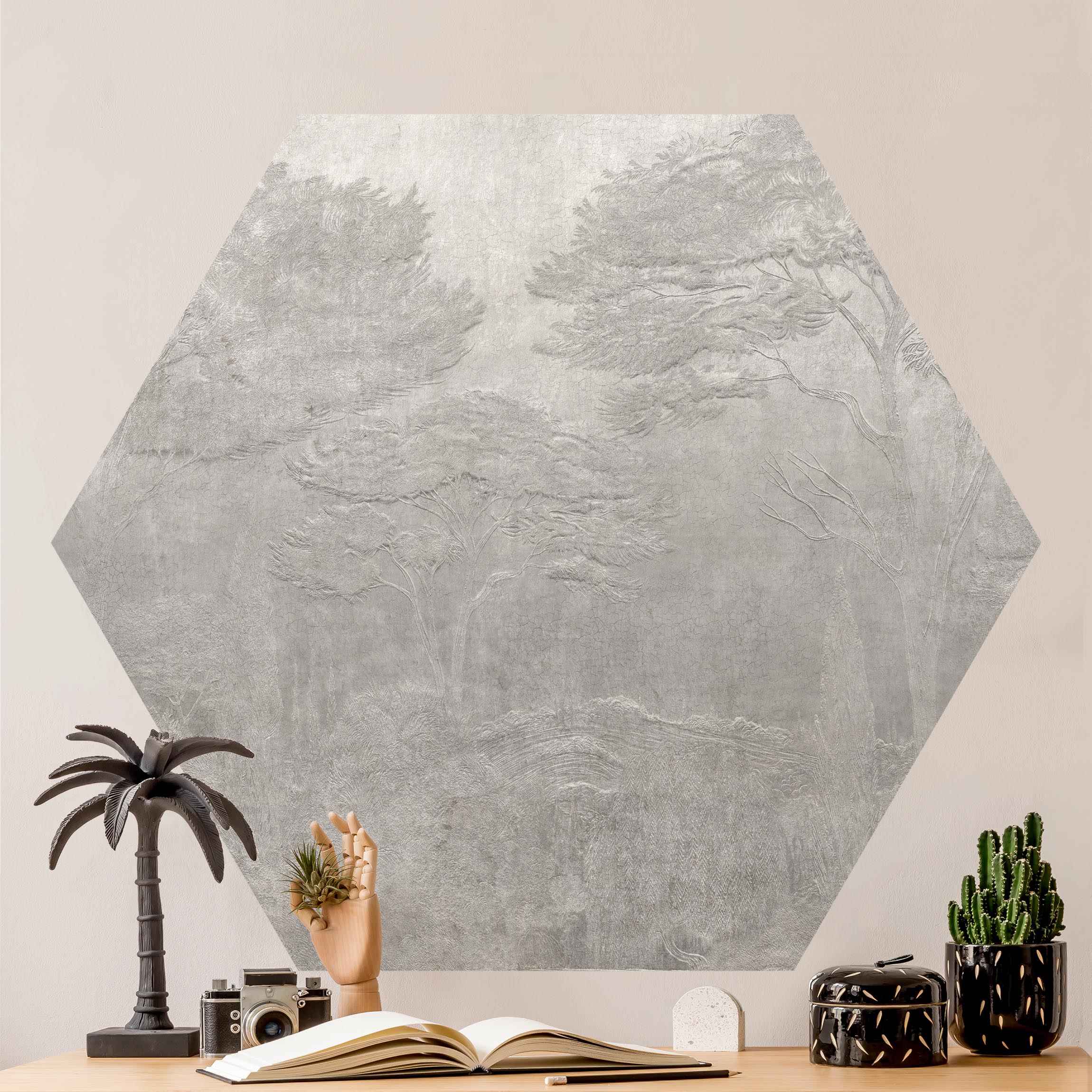 Hexagon Tapete selbstklebend Vintage Wald-Prägung