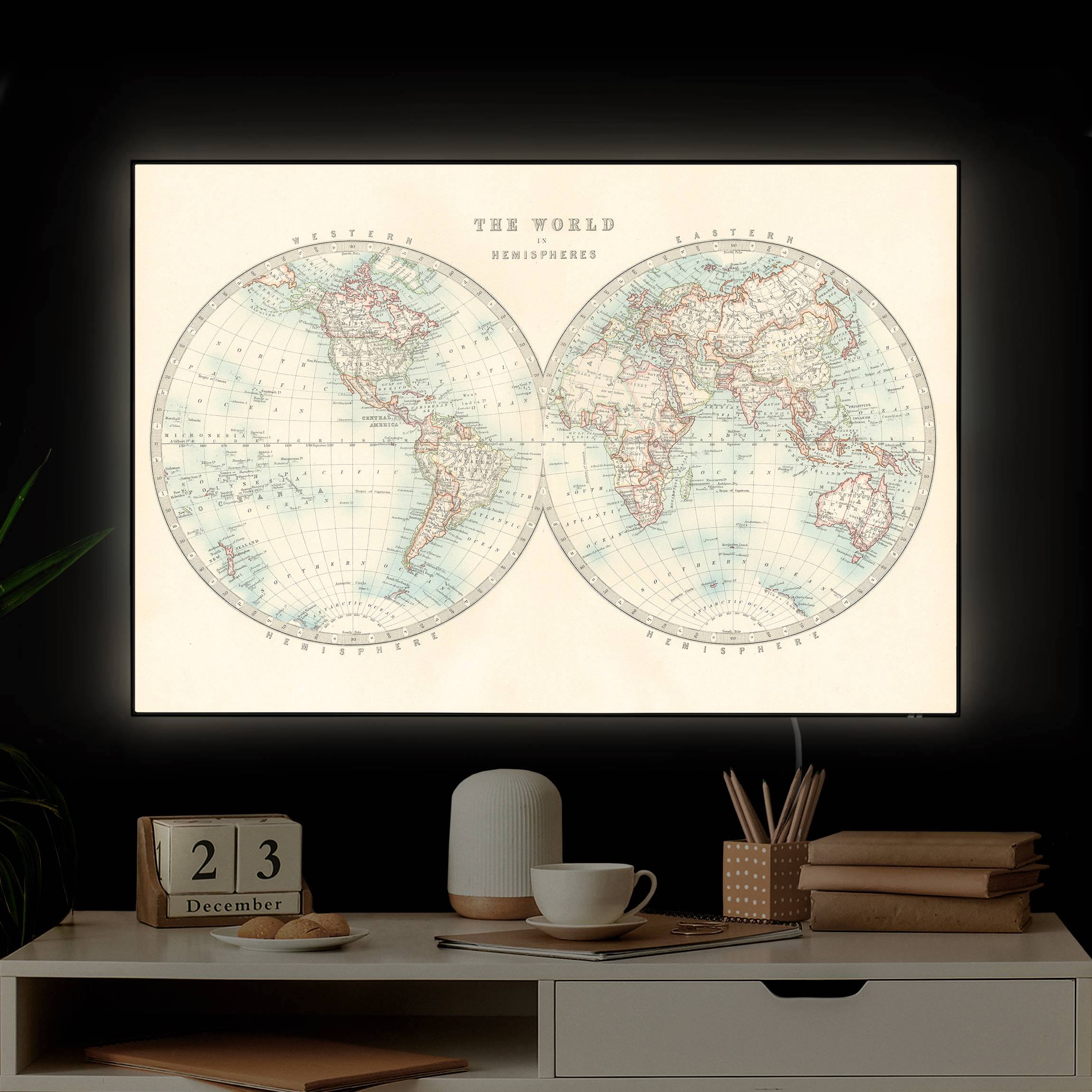 LED-Wechselbild Vintage Weltkarte Die zwei Hemispheren