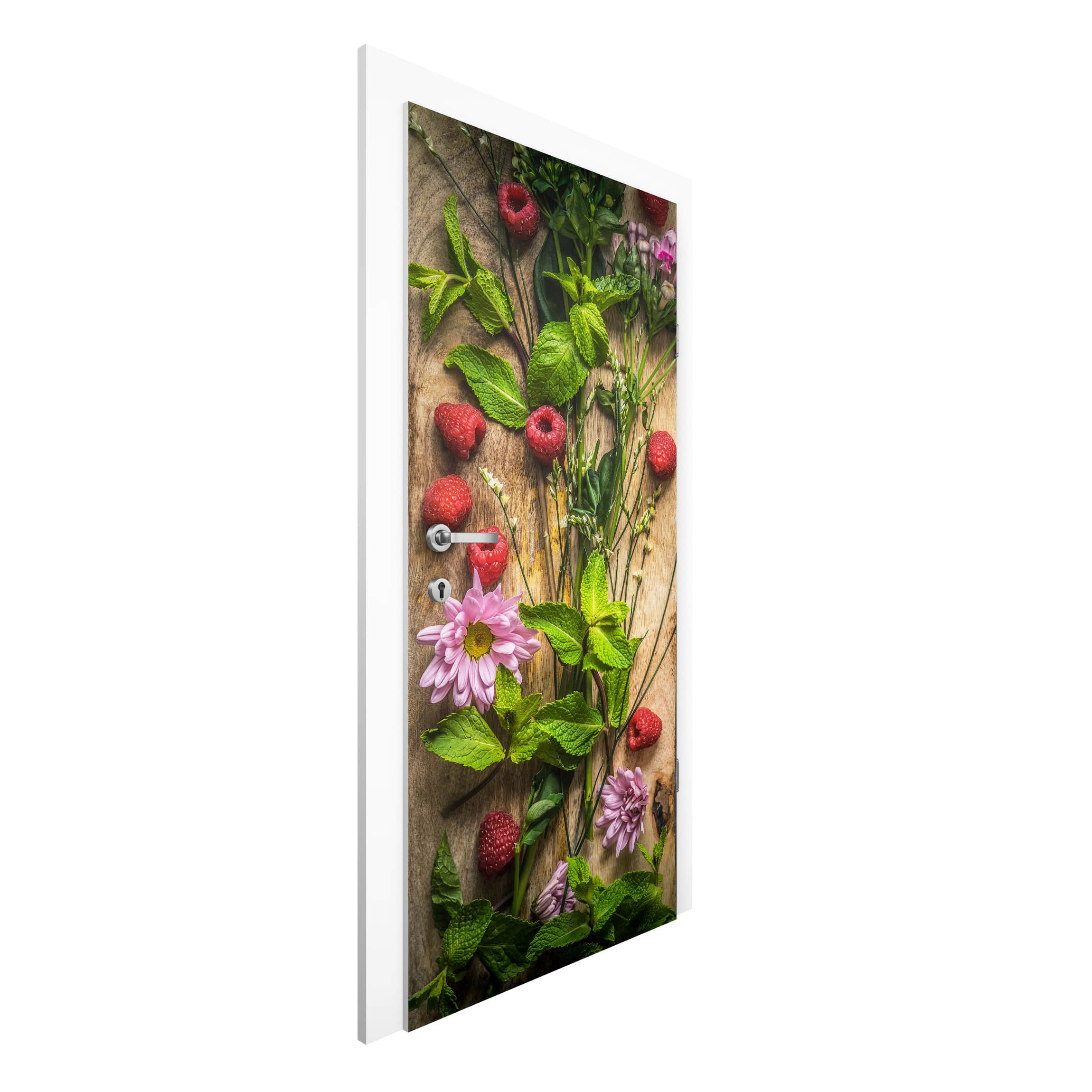 Türtapete Blumen Himbeeren Minze
