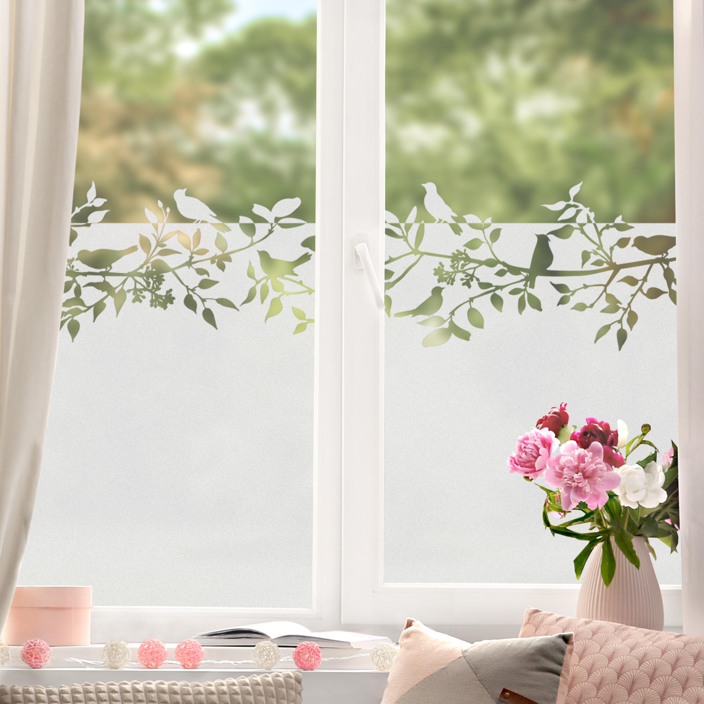 Fensterfolie Sichtschutz Vögel auf Ästen Bordüre