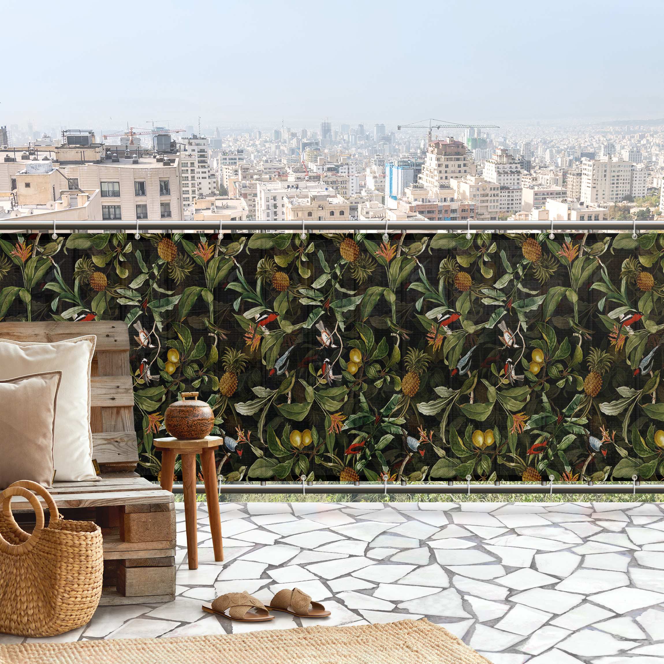 Balkon Sichtschutz Vögel mit Ananas Grün