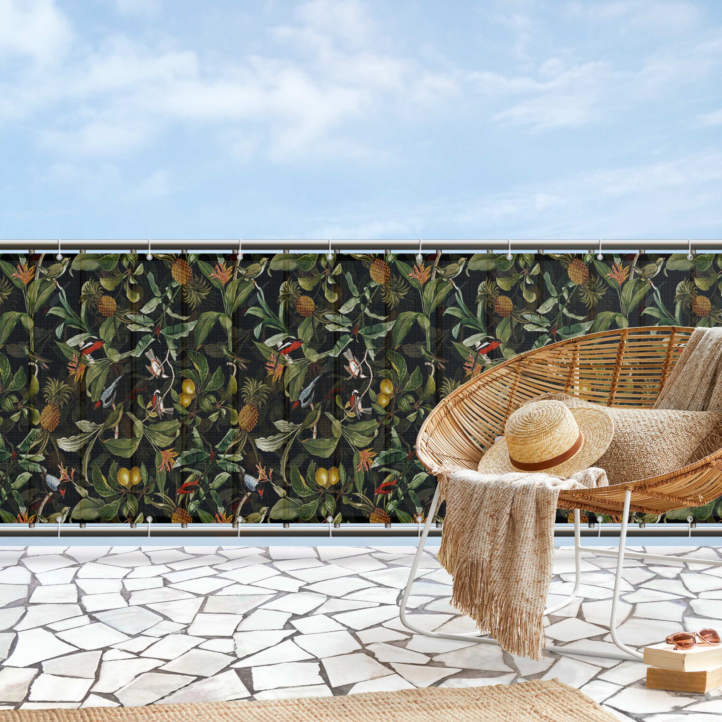 Balkon Sichtschutz Vögel mit Ananas Grün