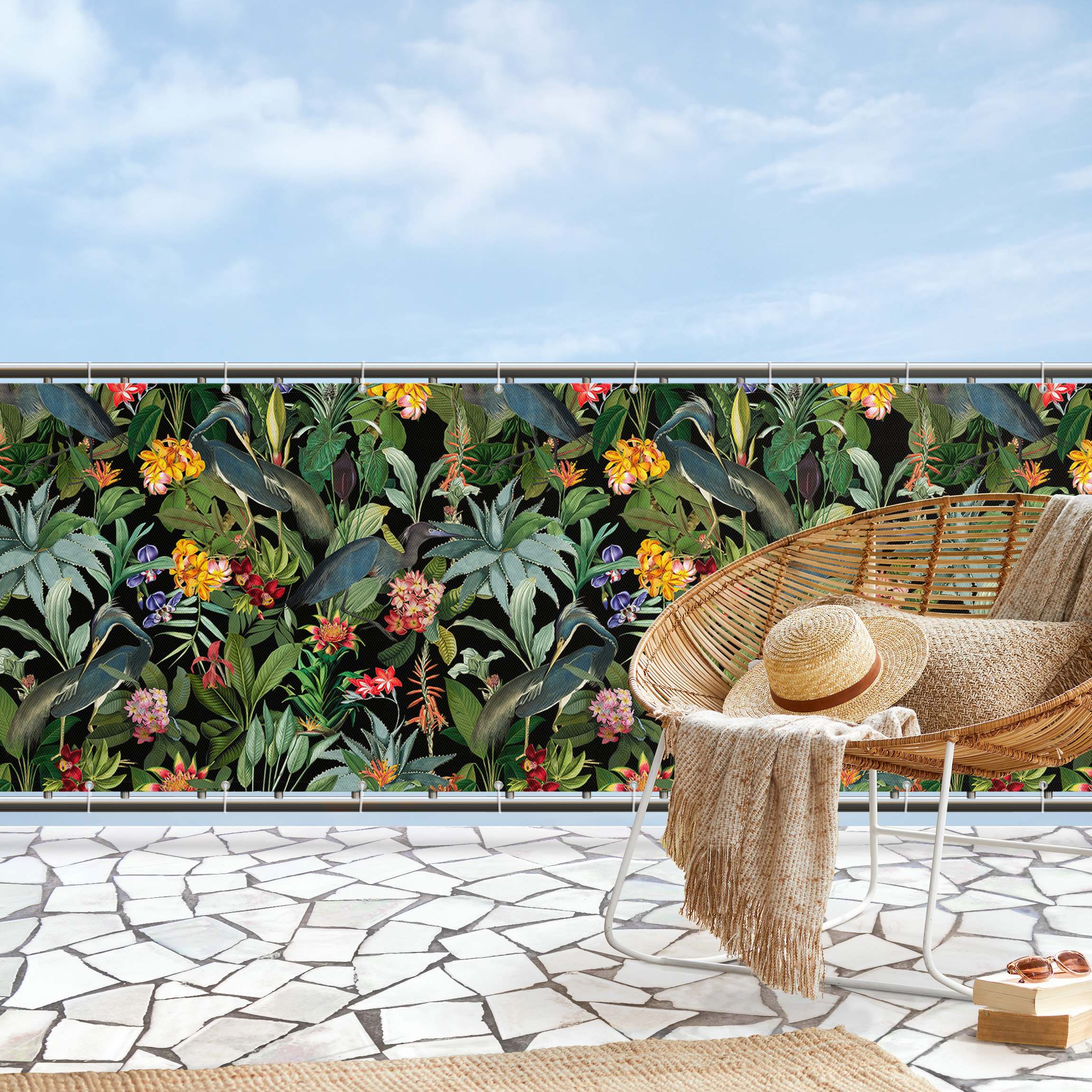 Balkon Sichtschutz Vögel mit Tropischen Blumen