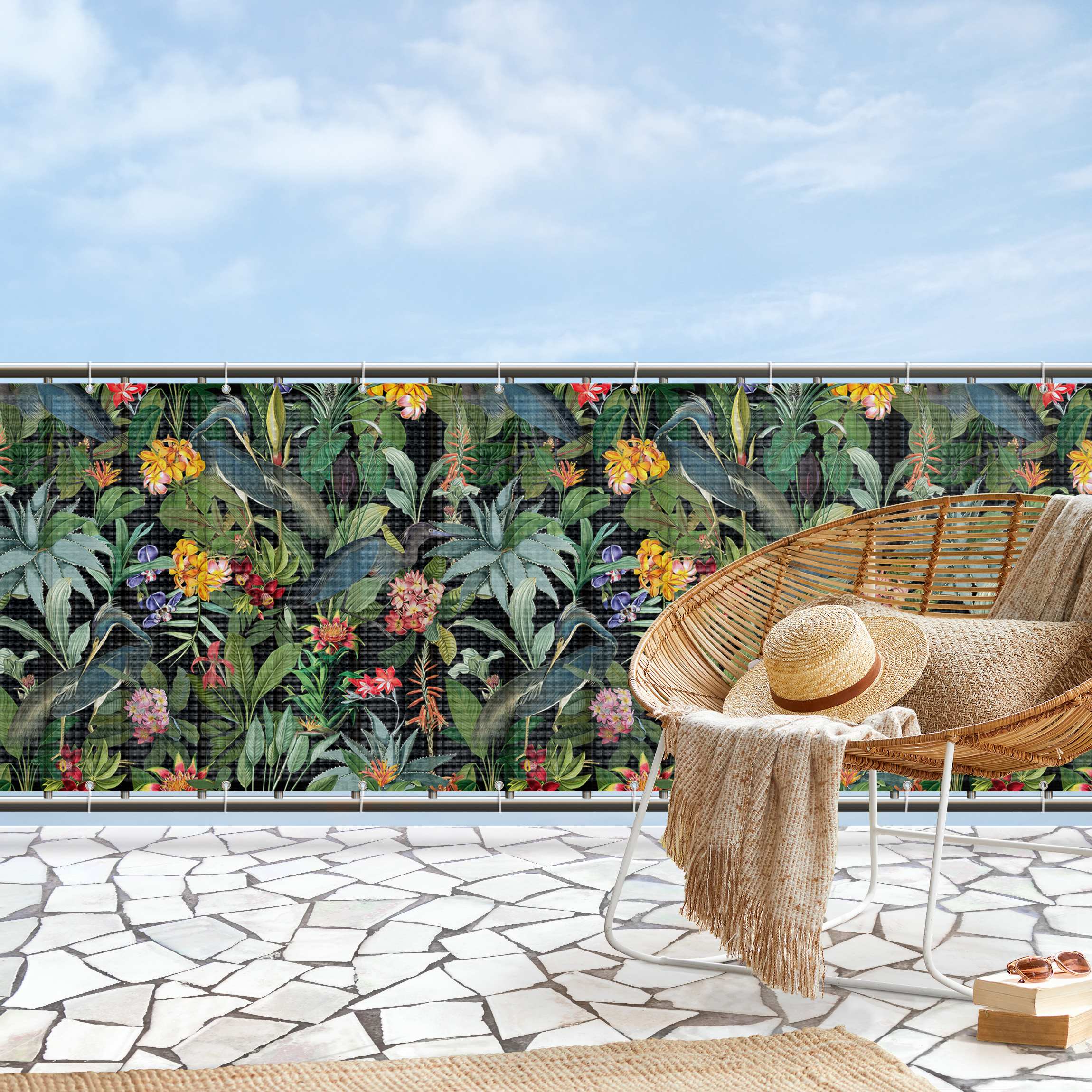 Balkon Sichtschutz Vögel mit Tropischen Blumen