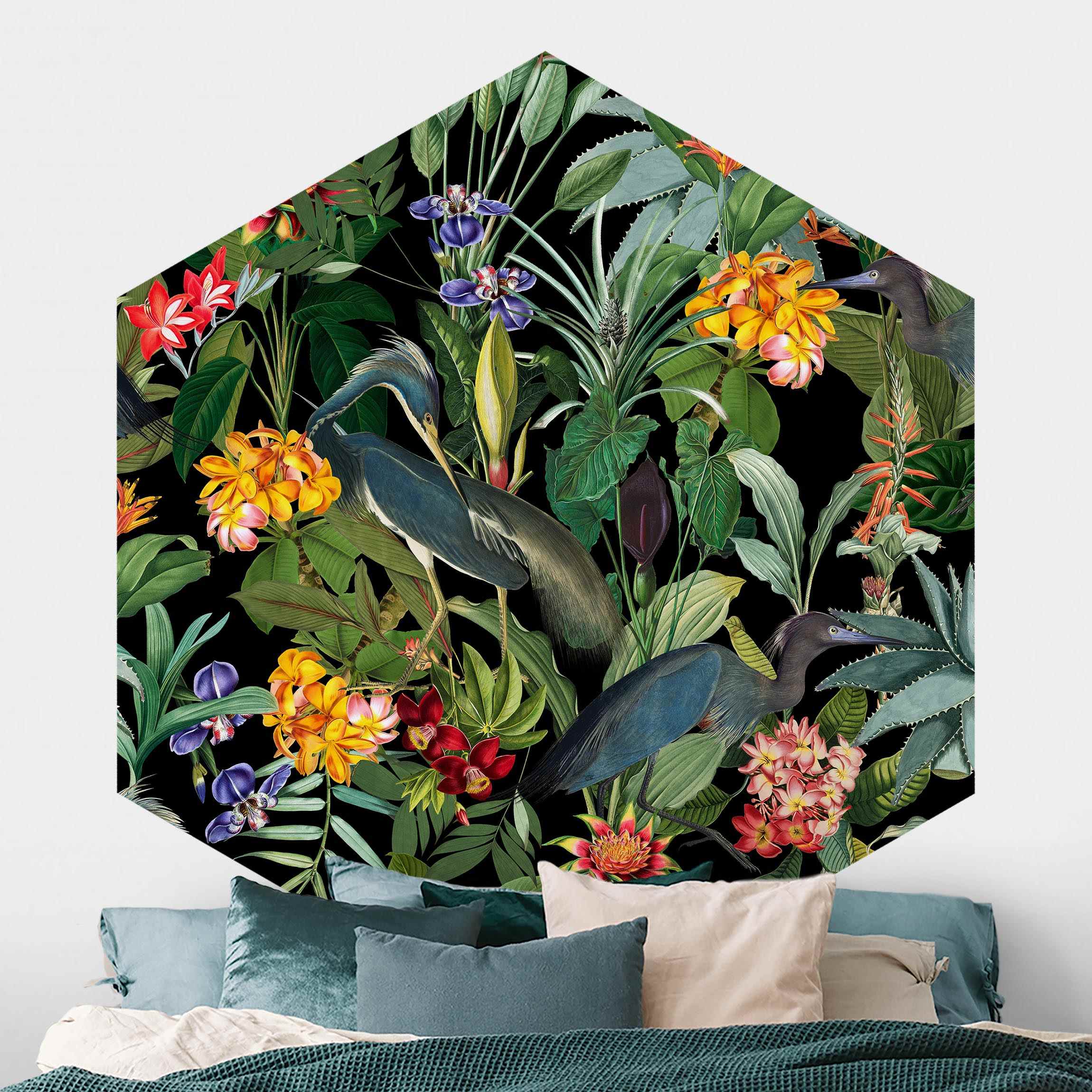 Hexagon Mustertapete Vögel mit Tropischen Blumen