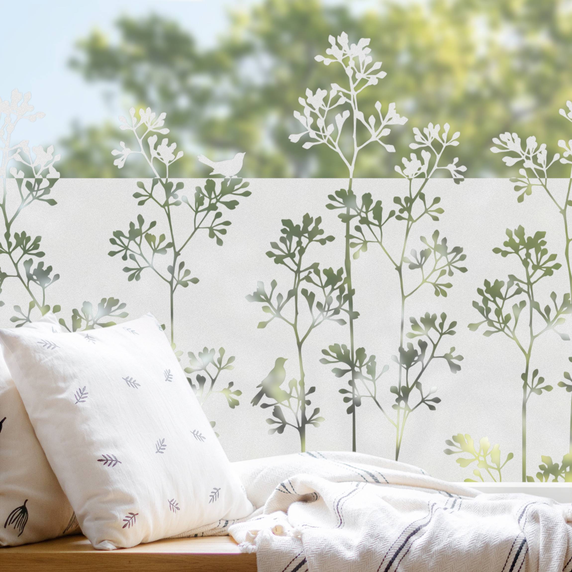Fensterfolie Sichtschutz Vögel und Gräser Bordüre