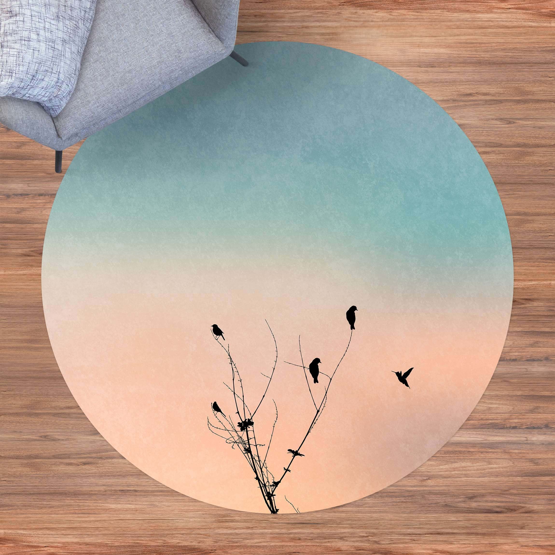 Runder Vinyl-Teppich Vögel vor rosa Sonne II