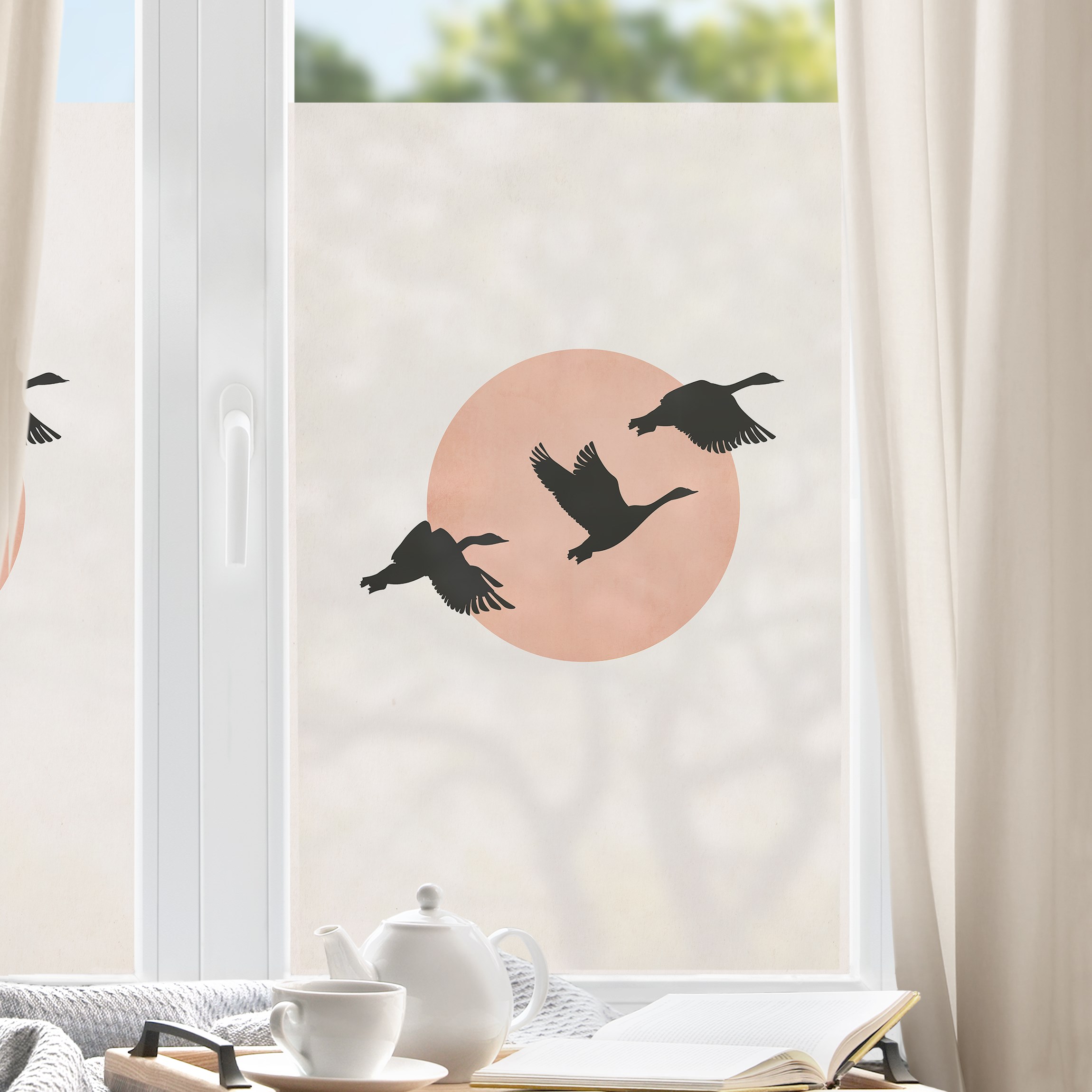 Fensterfolie Vögel vor rosa Sonne III