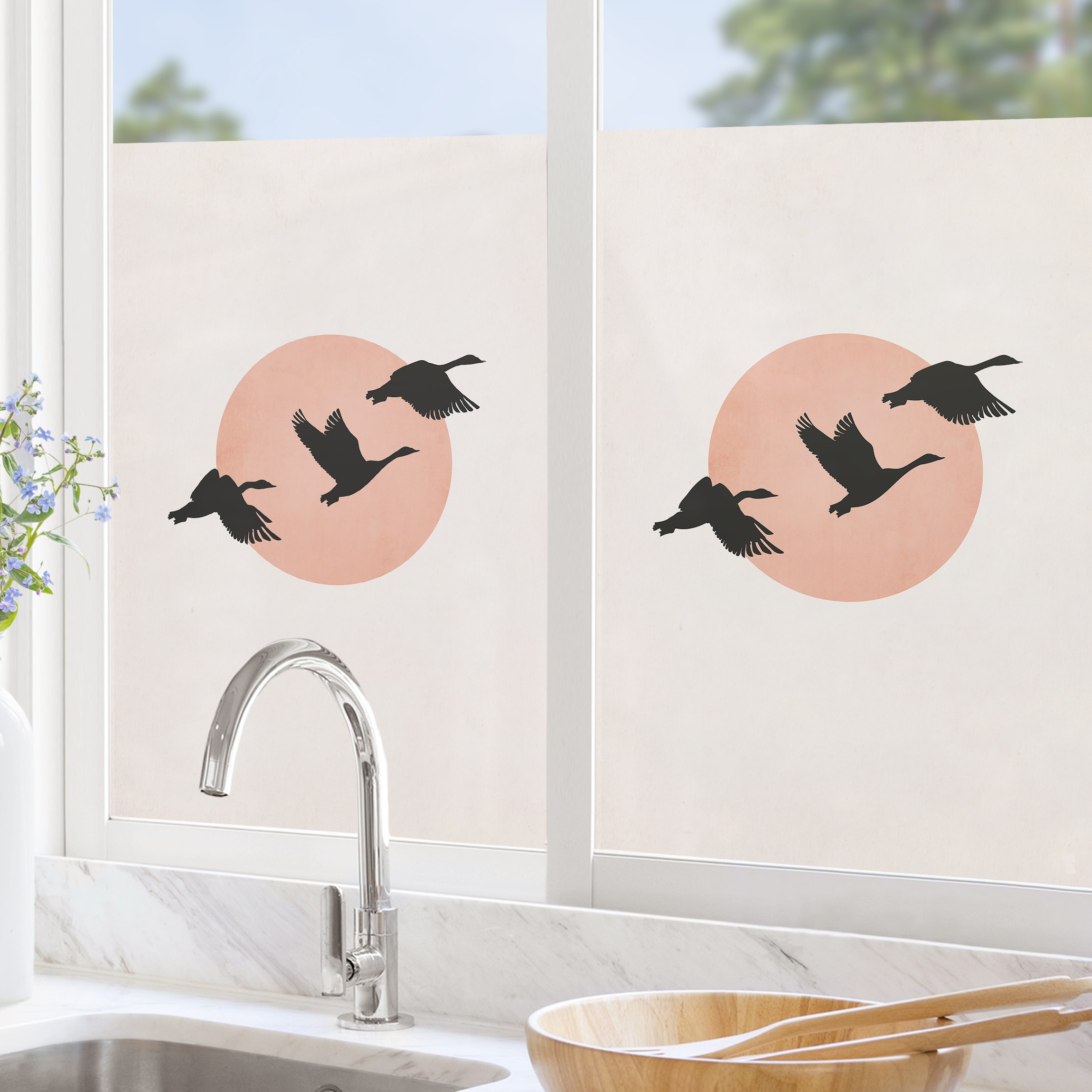 Fensterfolie Vögel vor rosa Sonne III