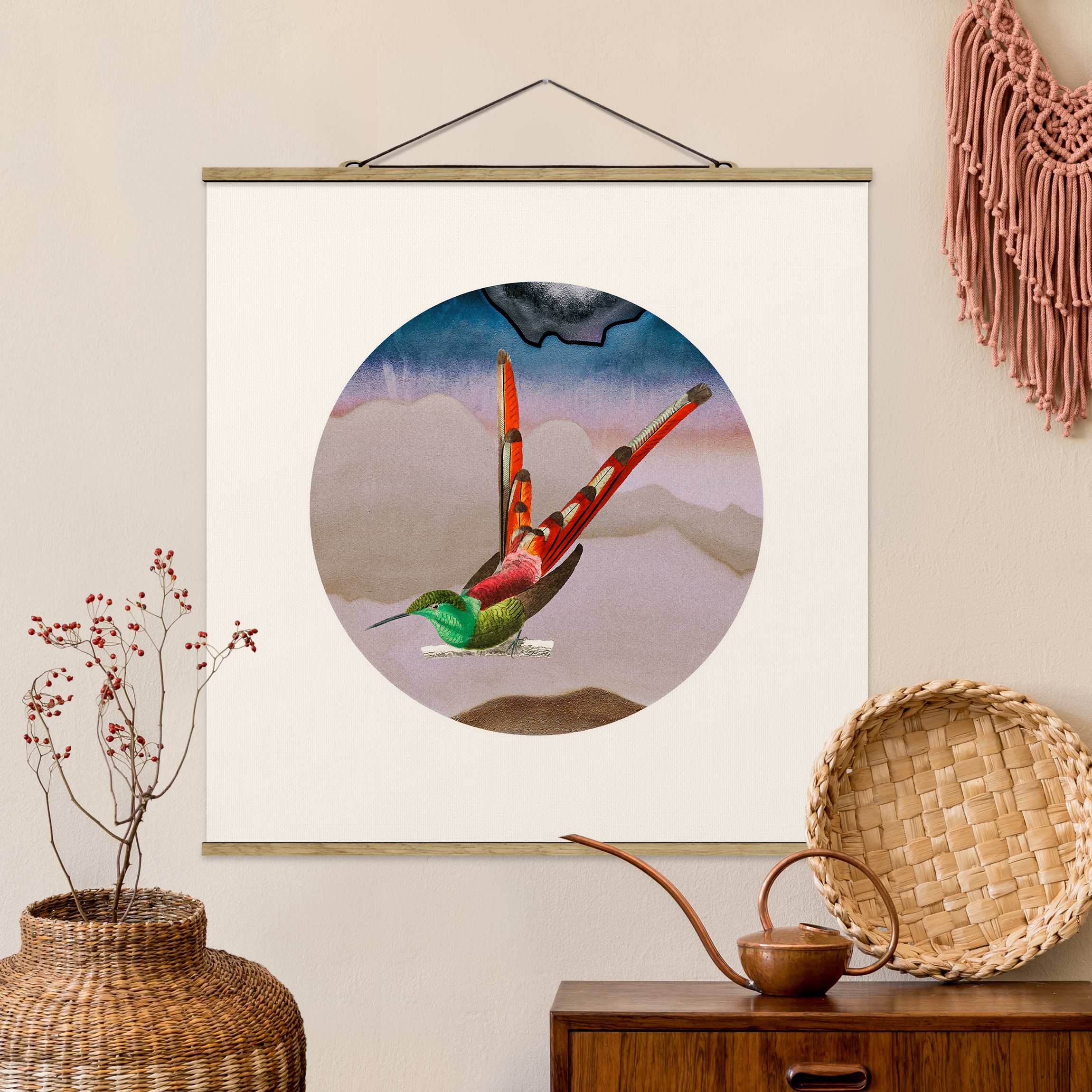 Stoffbild mit Posterleisten Vogel Collage im Kreis