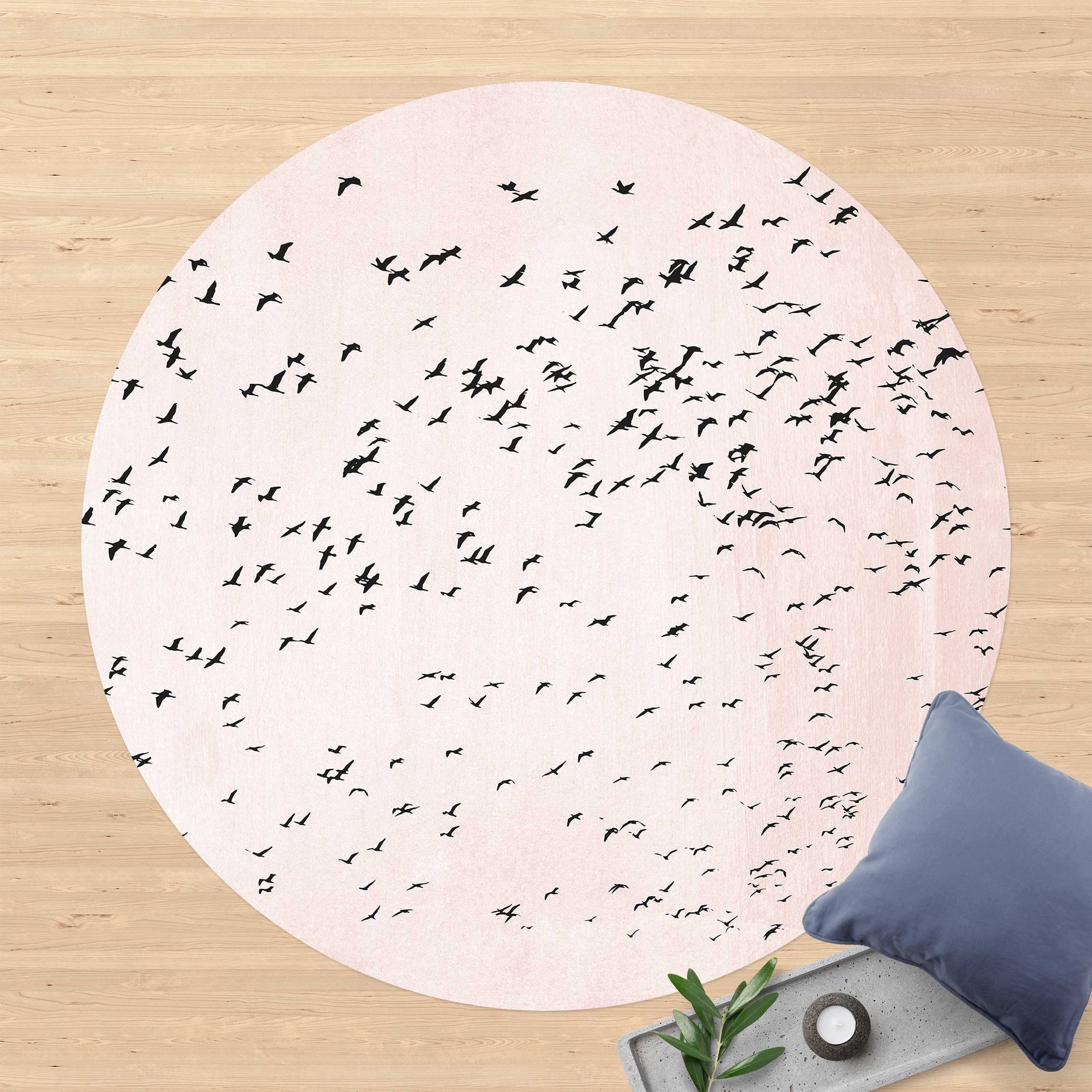 Runder Vinyl-Teppich Vogelschwarm im Sonnenuntergang