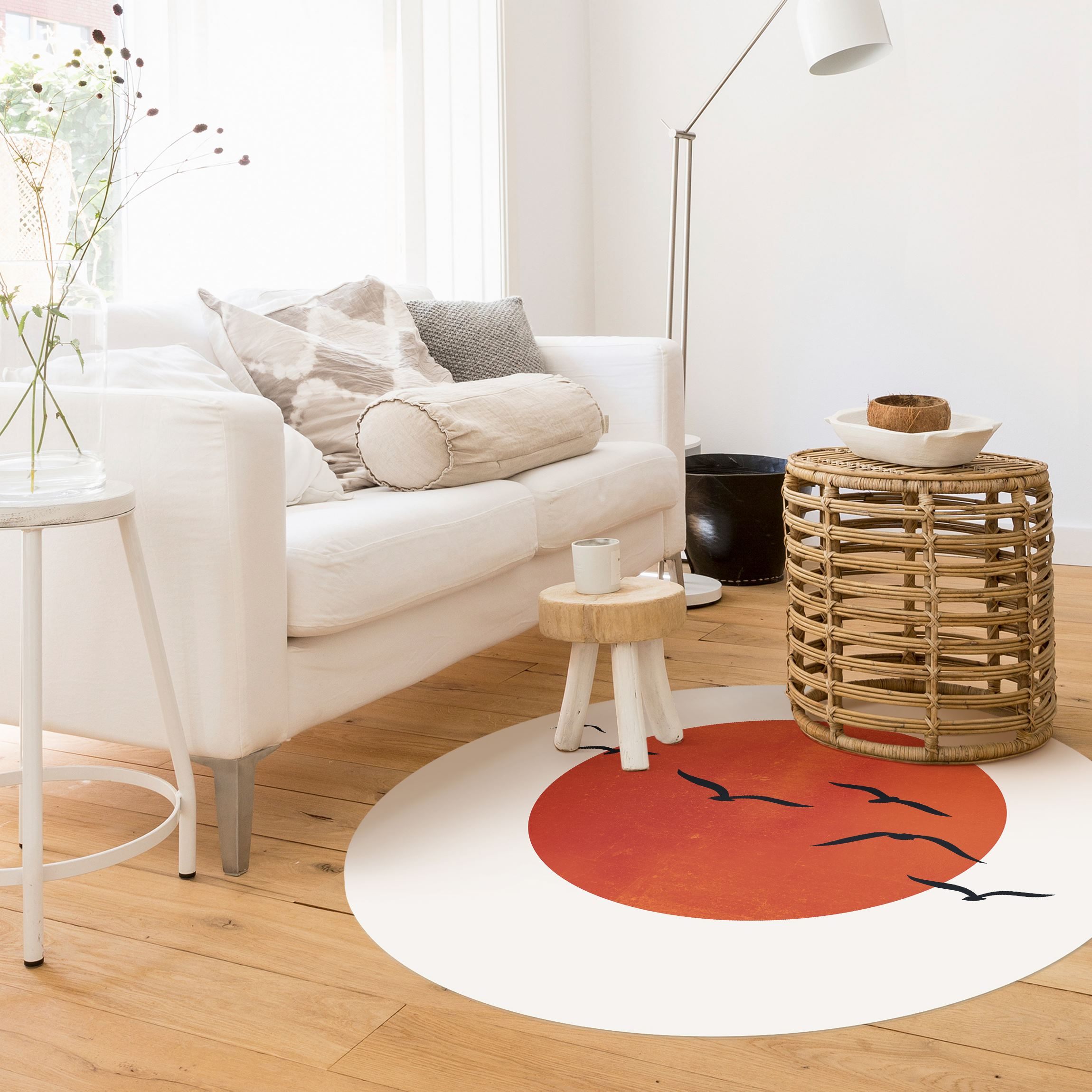 Runder Vinyl-Teppich Vogelschwarm vor roter Sonne I