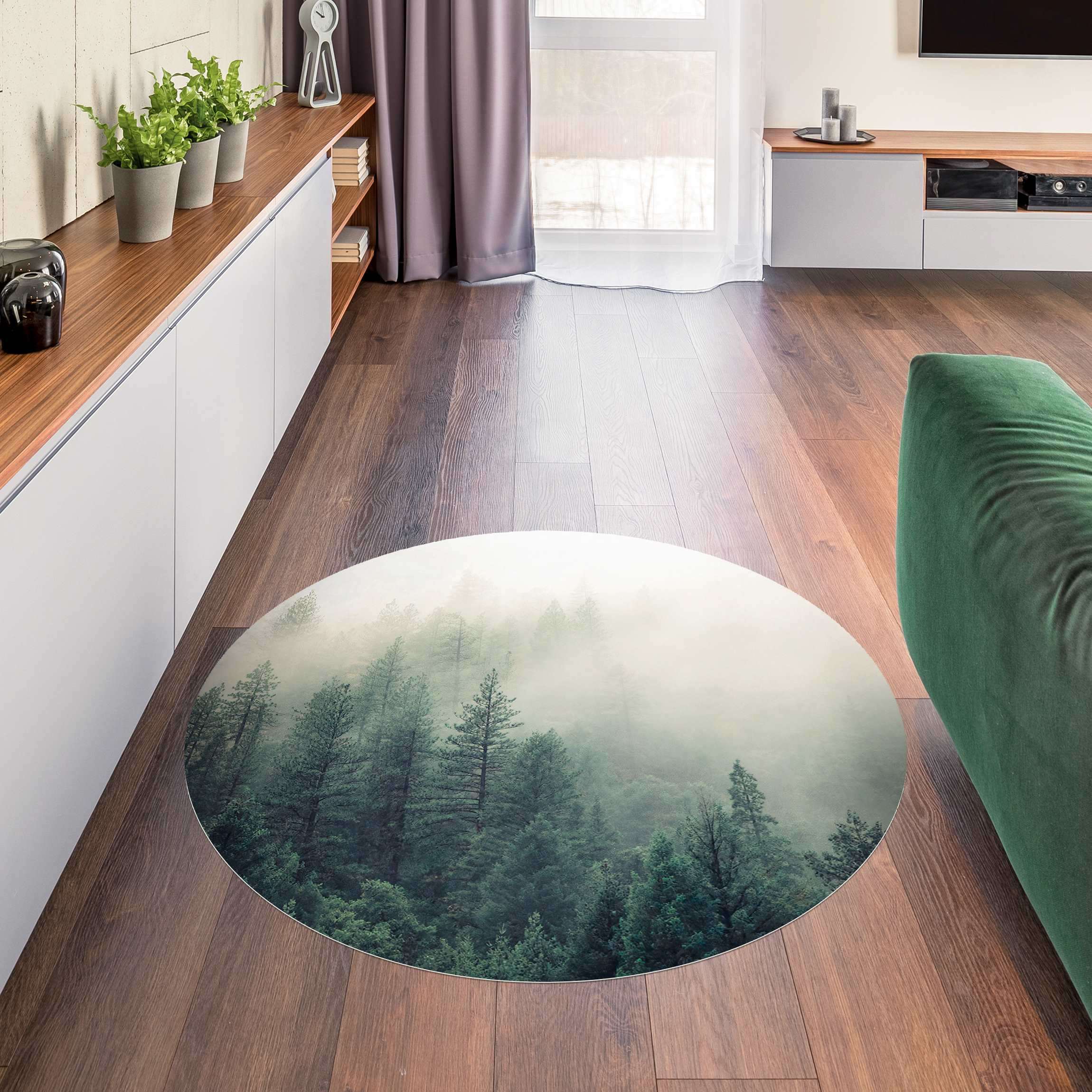 Runder Vinyl-Teppich Wald im Nebel Erwachen