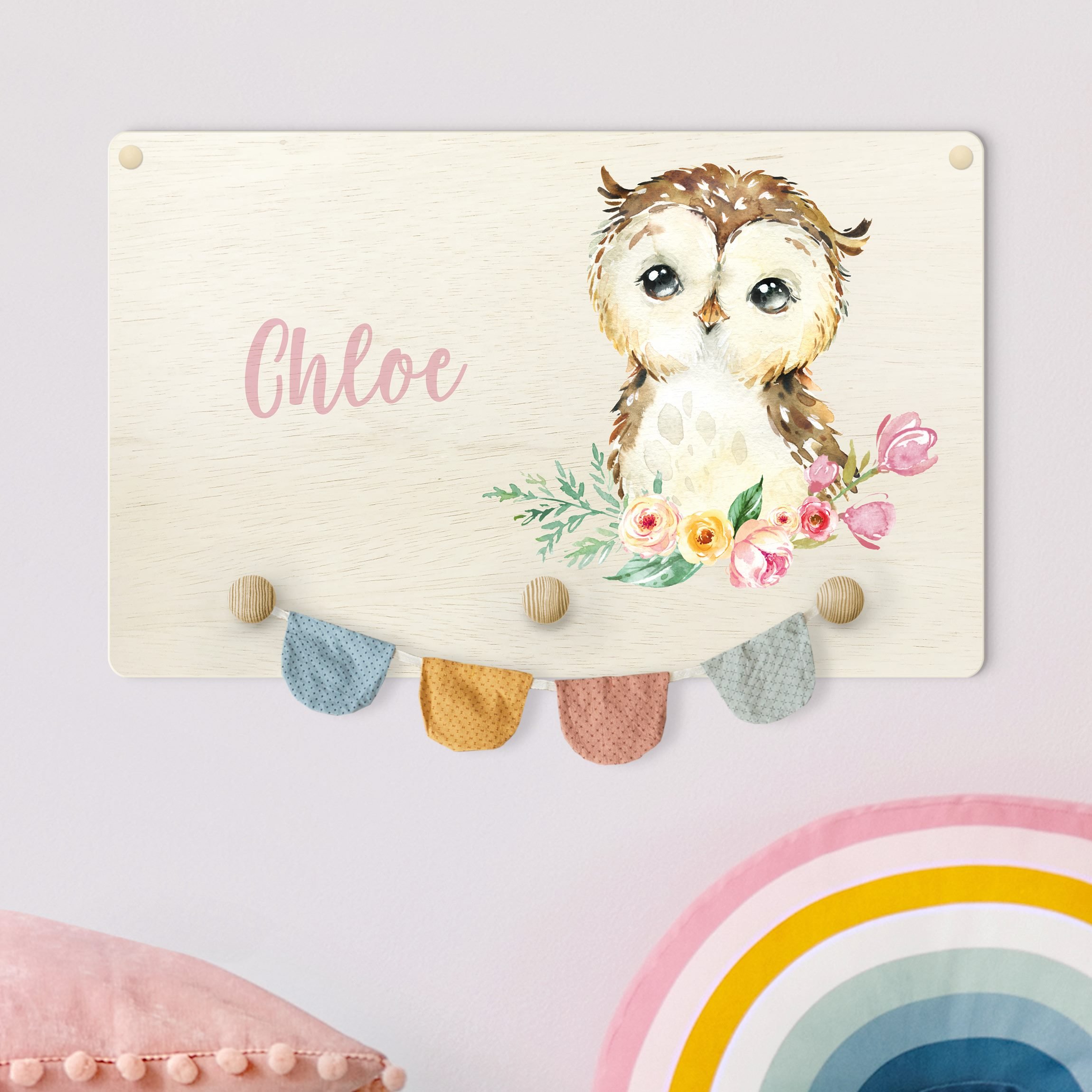 Kindergarderobe Holz mit Namen Waldtier Eulenbaby mit Wunschname