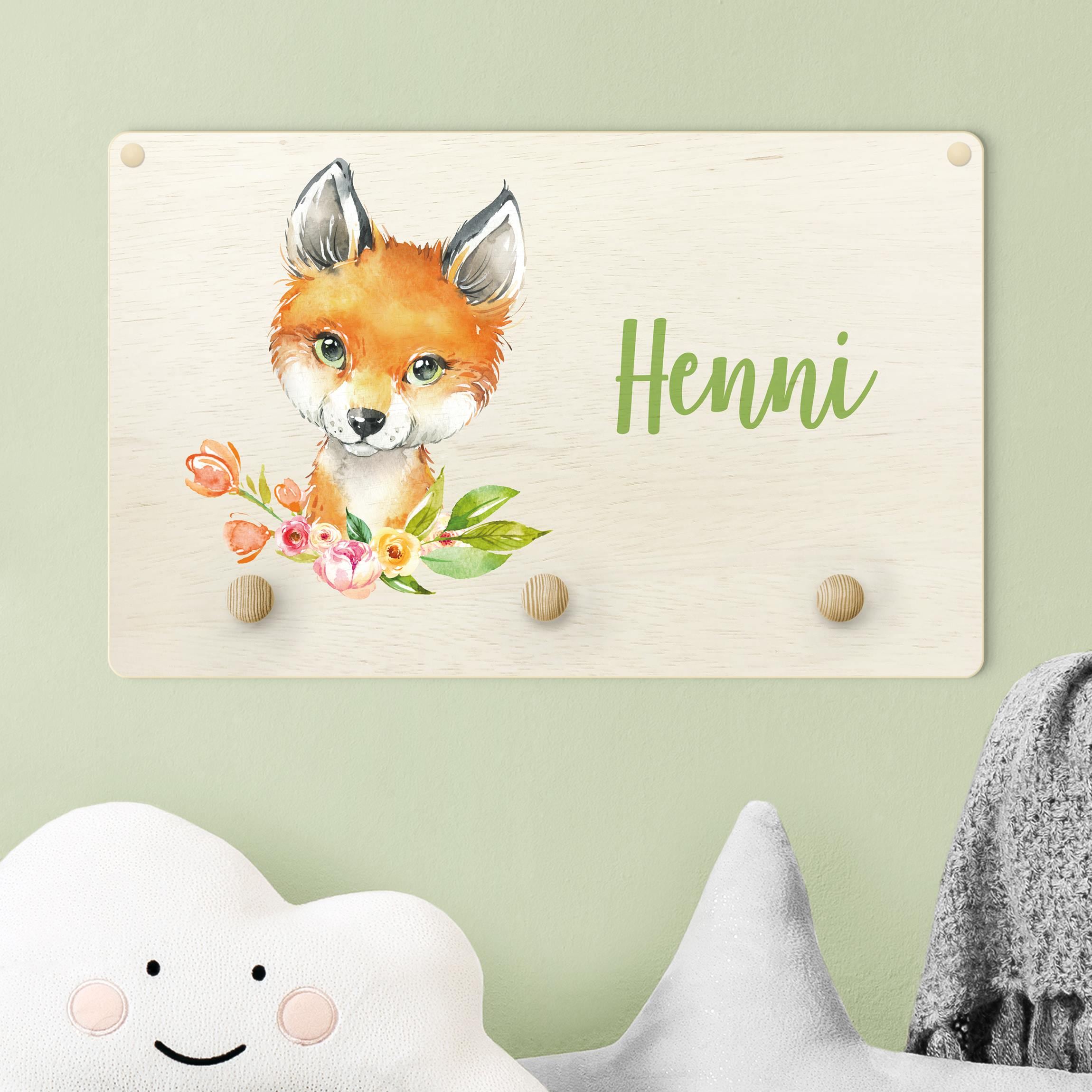 Kindergarderobe Holz mit Namen Waldtier Fuchsbaby mit Wunschname