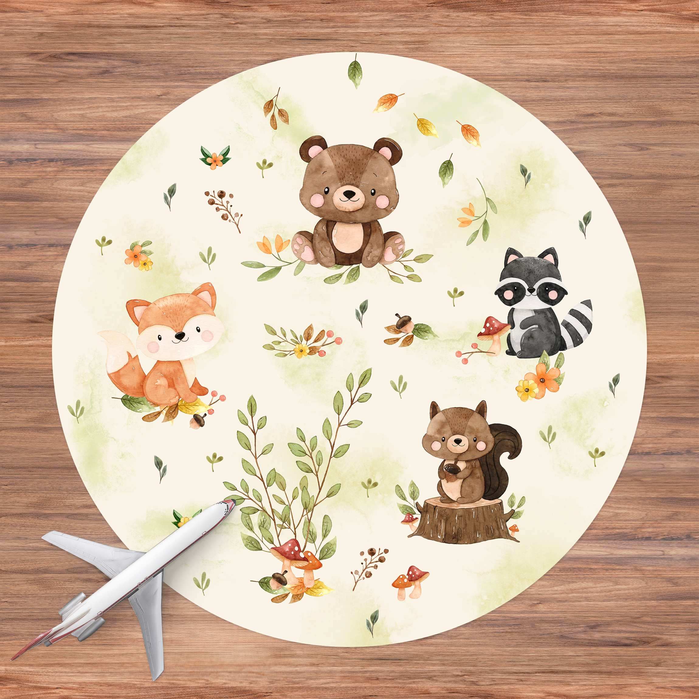 Runder Vinyl-Teppich Waldtiere Herbst Fuchs Bär Eichhörnchen Waschbär