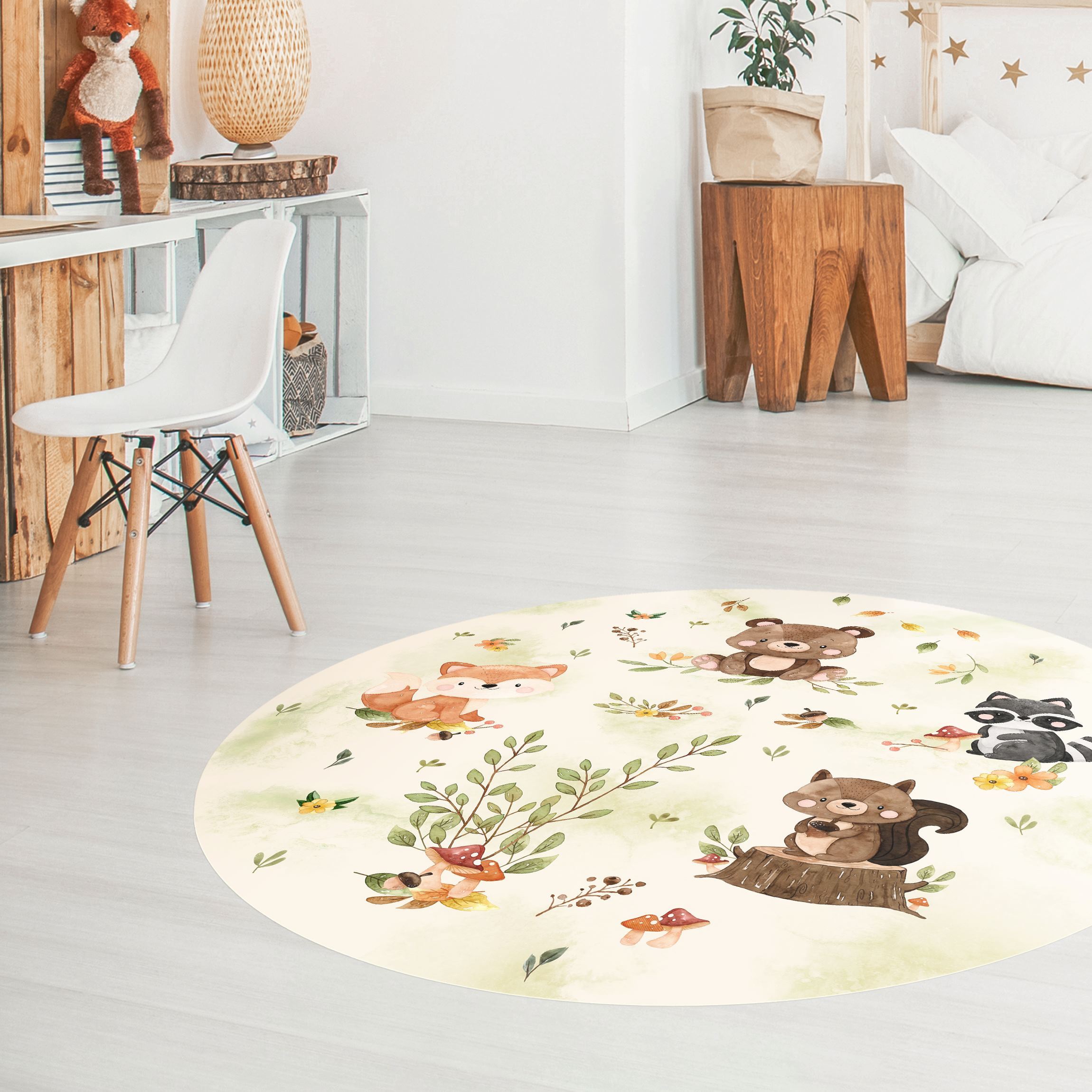 Runder Vinyl-Teppich Waldtiere Herbst Fuchs Bär Eichhörnchen Waschbär