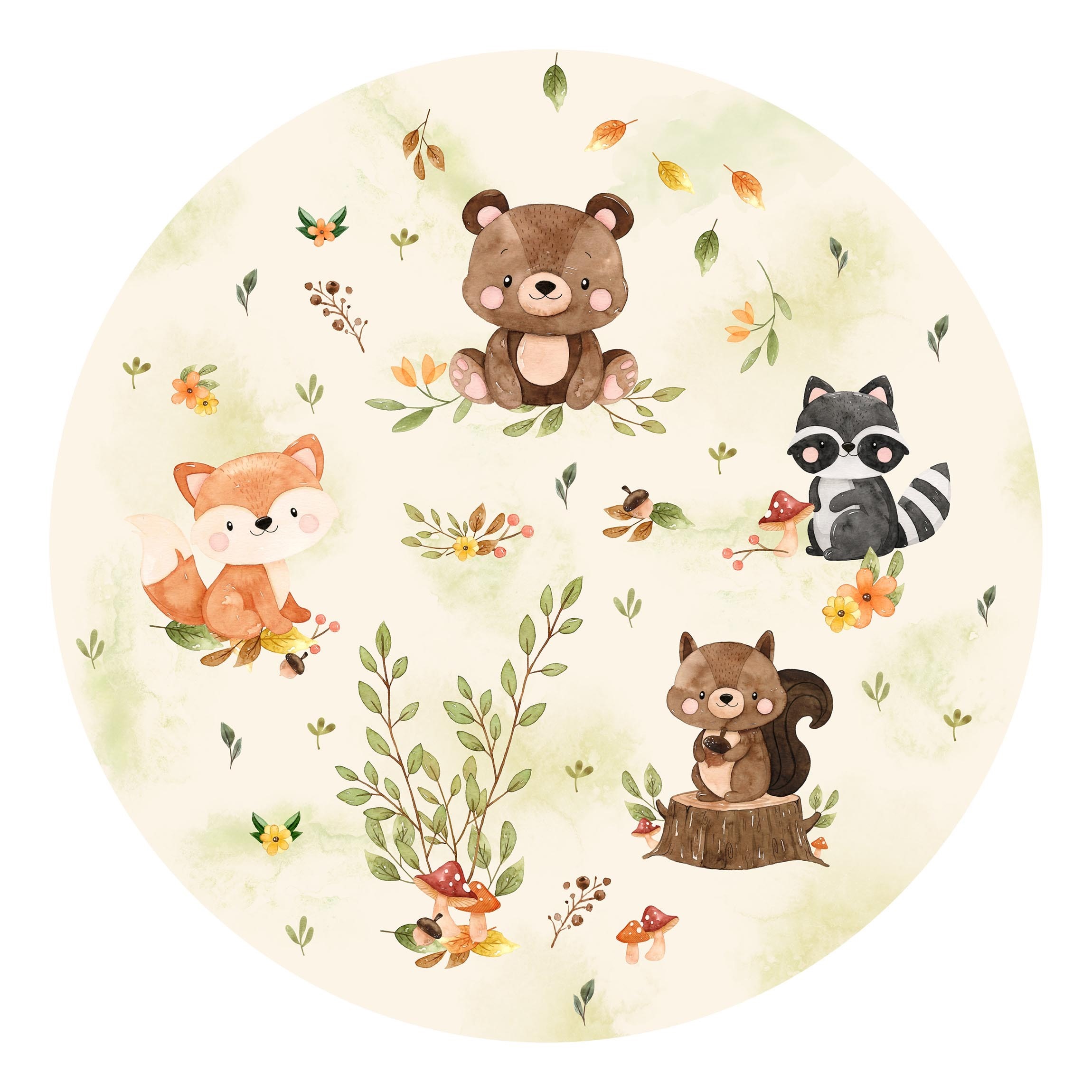 Runde Fototapete Waldtiere Herbst Fuchs Bär Eichhörnchen Waschbär