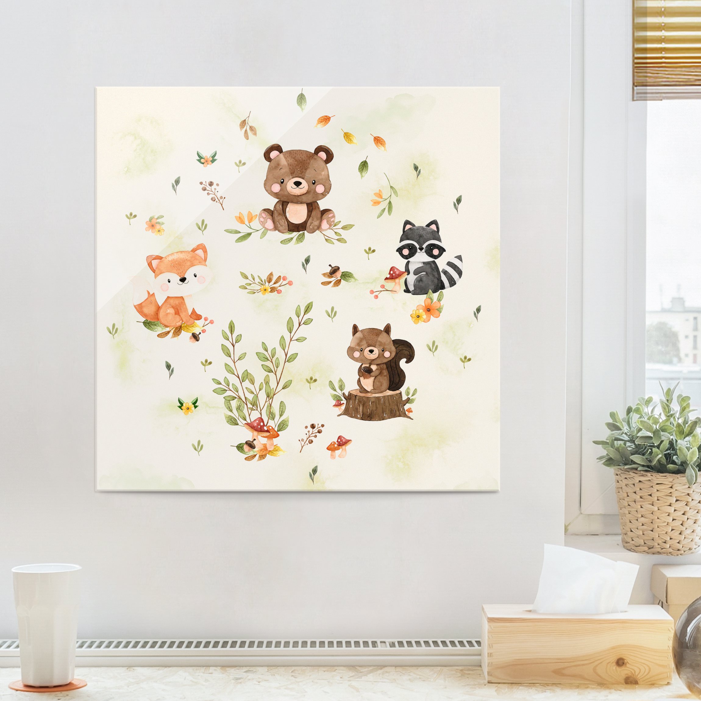 Glasbild Waldtiere Herbst Fuchs Bär Eichhörnchen Waschbär