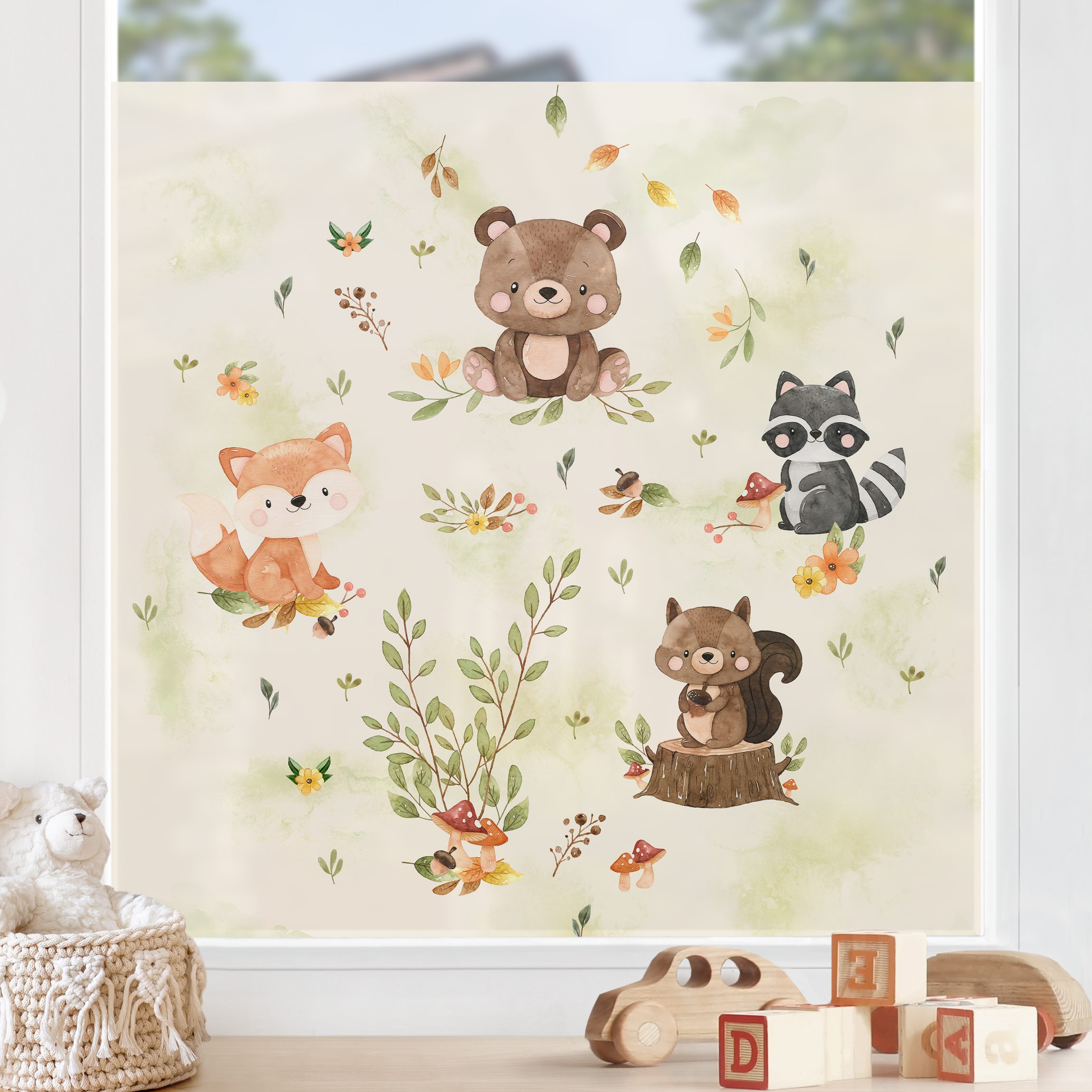 Fensterfolie Waldtiere Herbst Fuchs Bär Eichhörnchen Waschbär